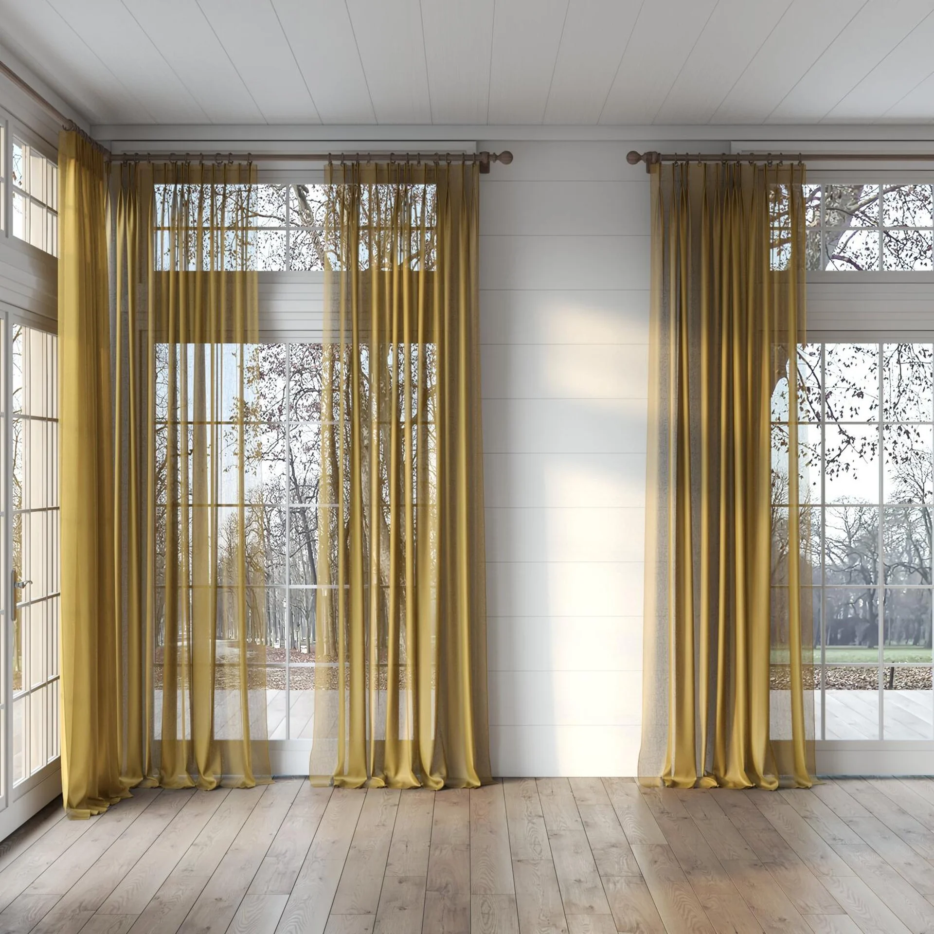 Full view of Reverie Ochre, puddled, on curtain rod