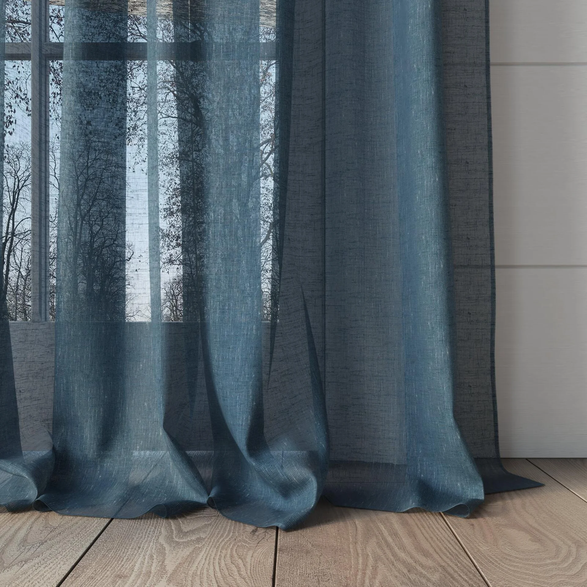 Bottom view of Graceful Storm, puddled, on curtain rod
