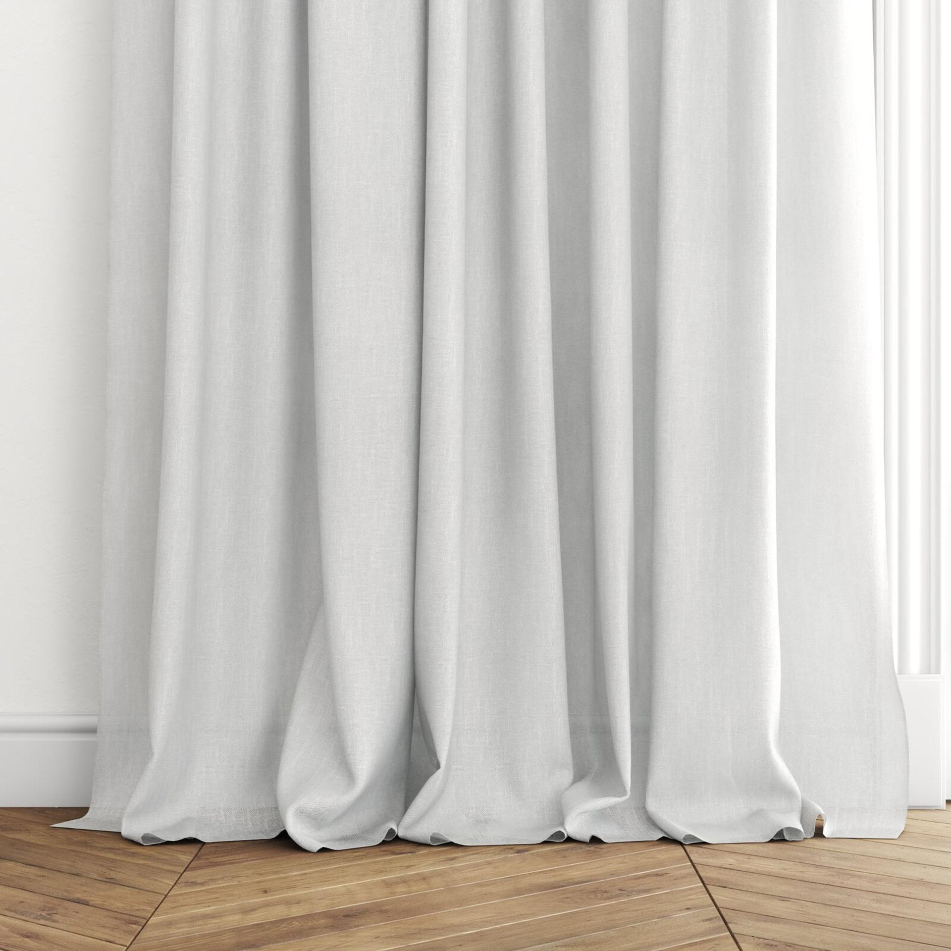 Bottom view of Lucidity Pearl, puddled with pinch pleat, on curtain rod