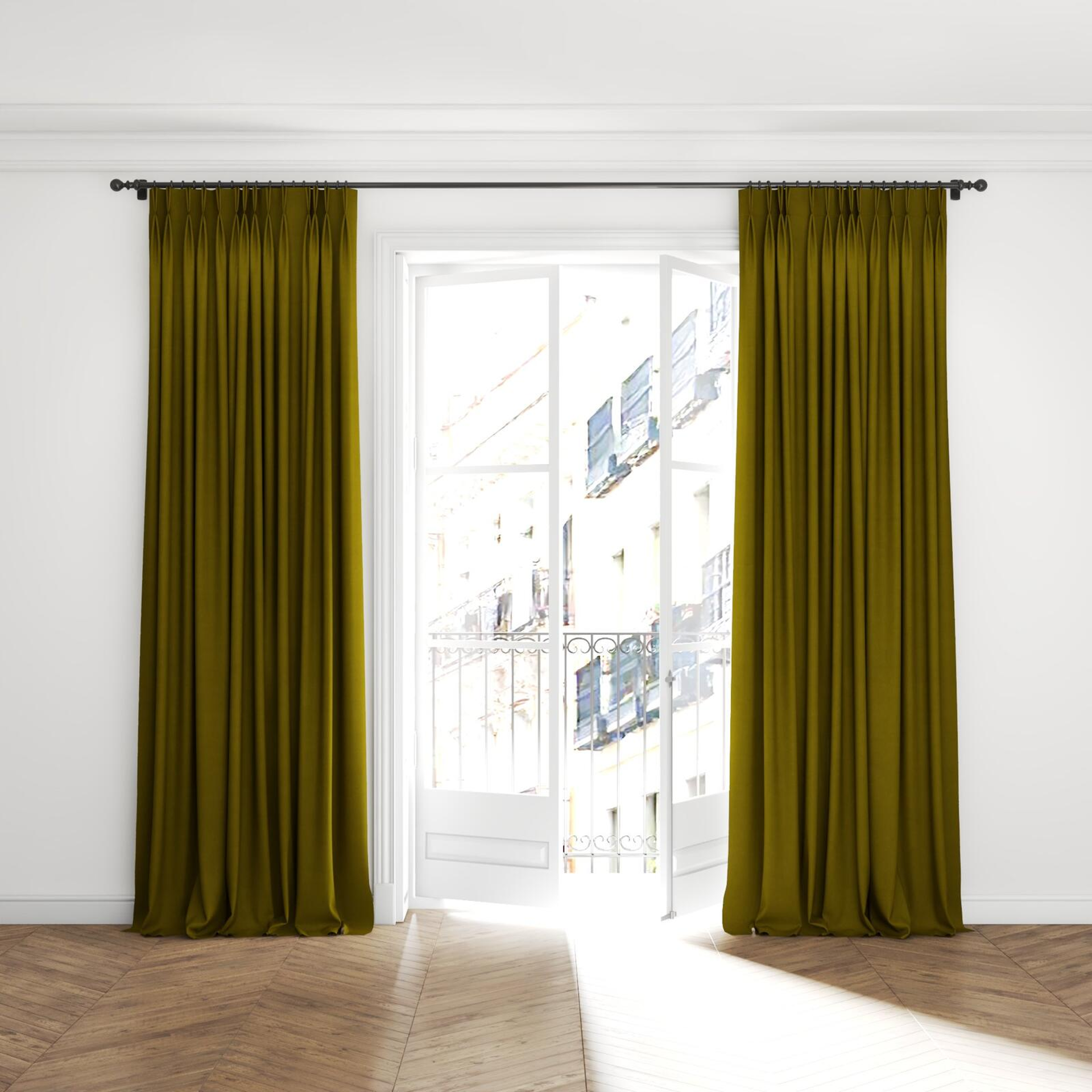 Full view of Lech Olive, puddled with pinch pleat, on curtain rod