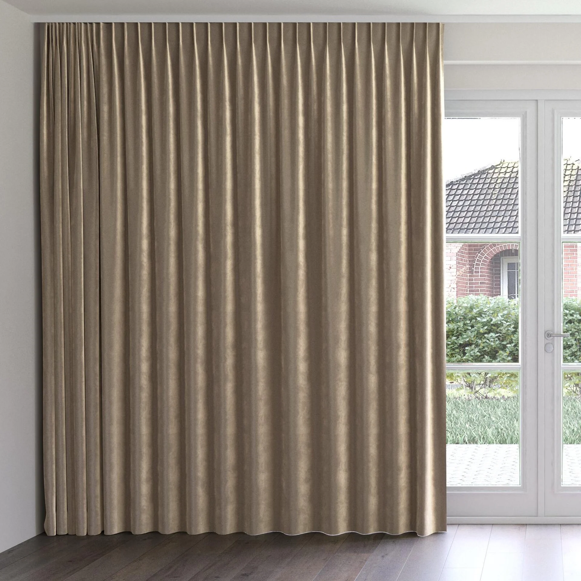 Front view of Velvelux Pinecone, on curtain rail