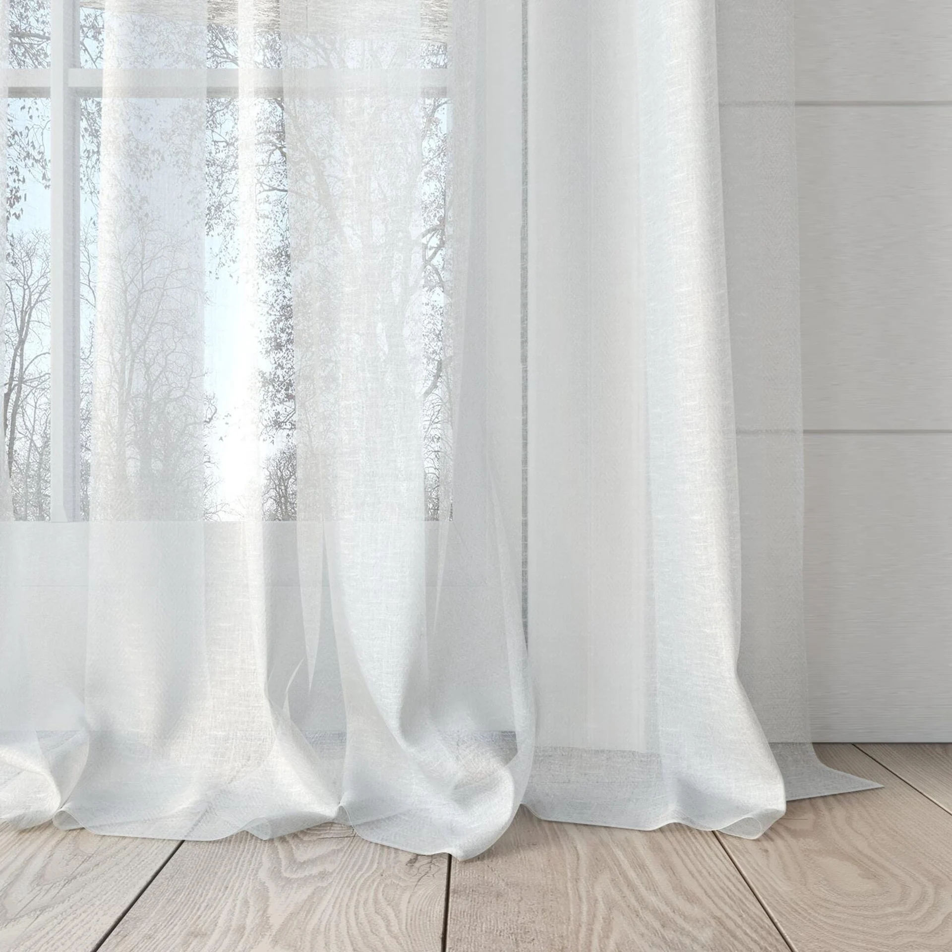 Bottom view of Hugo Ivory, puddled, on curtain rod