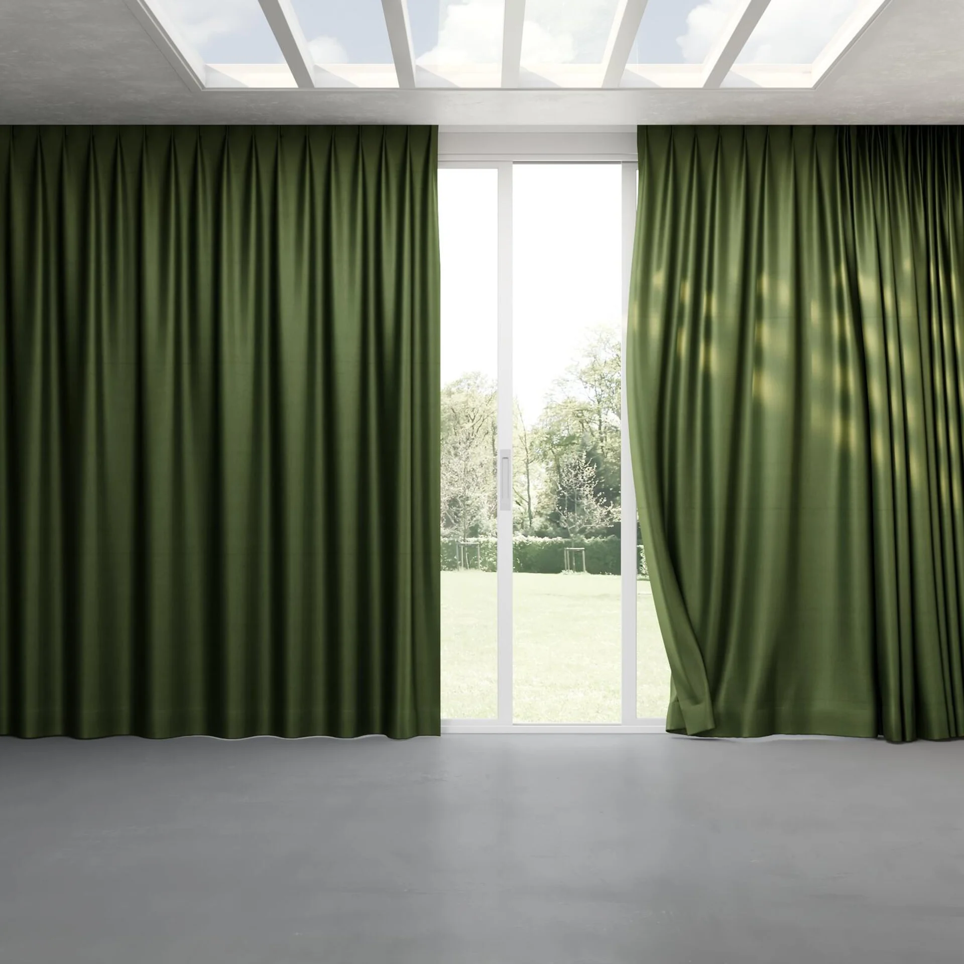 Full view of Warlock Olive, pinch pleat
