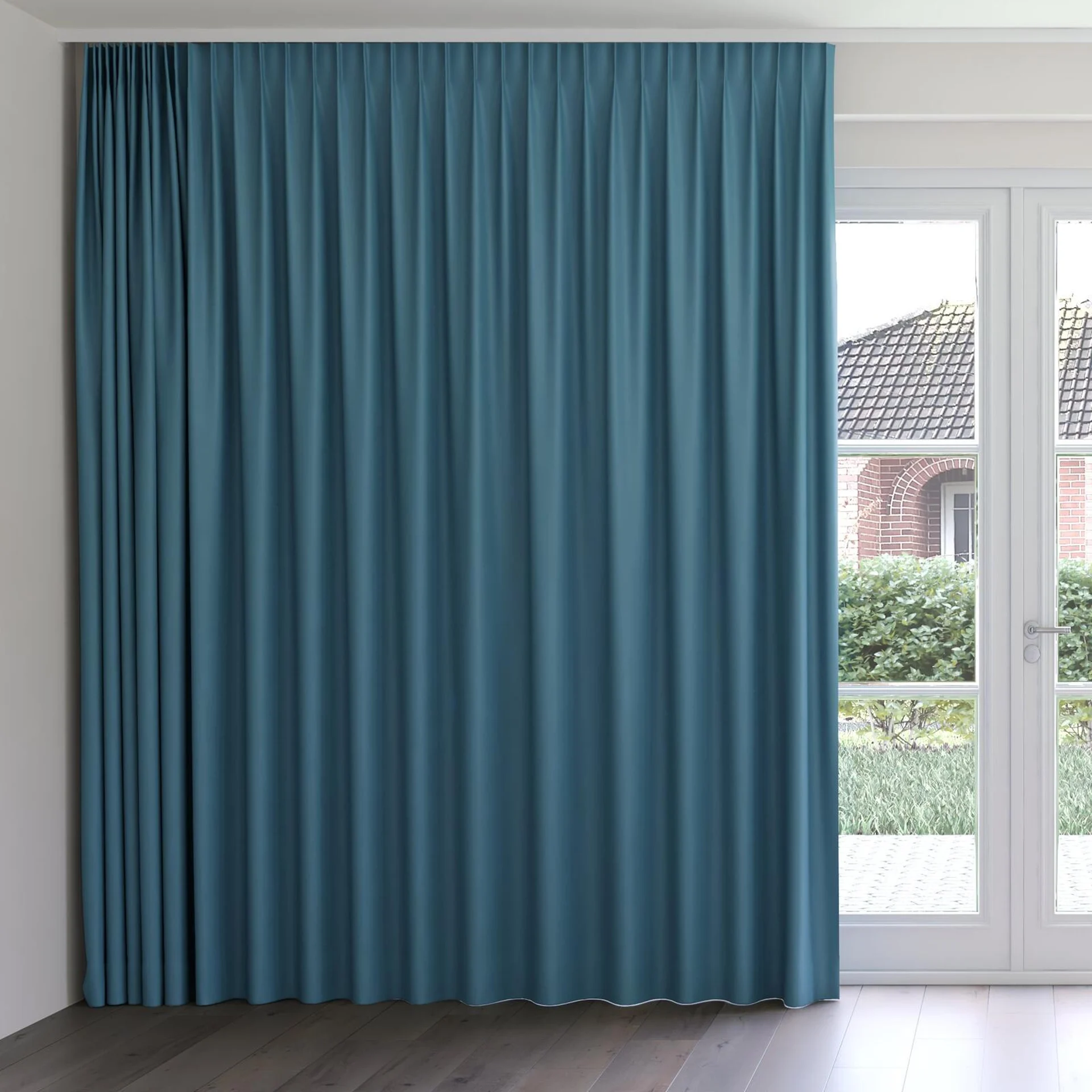 Front view of Ultra Dim Teal, on curtain rail