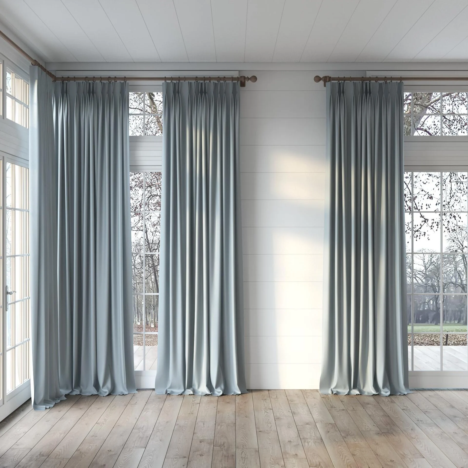 Full view of Infinite Powder Blue, puddled, on curtain rod