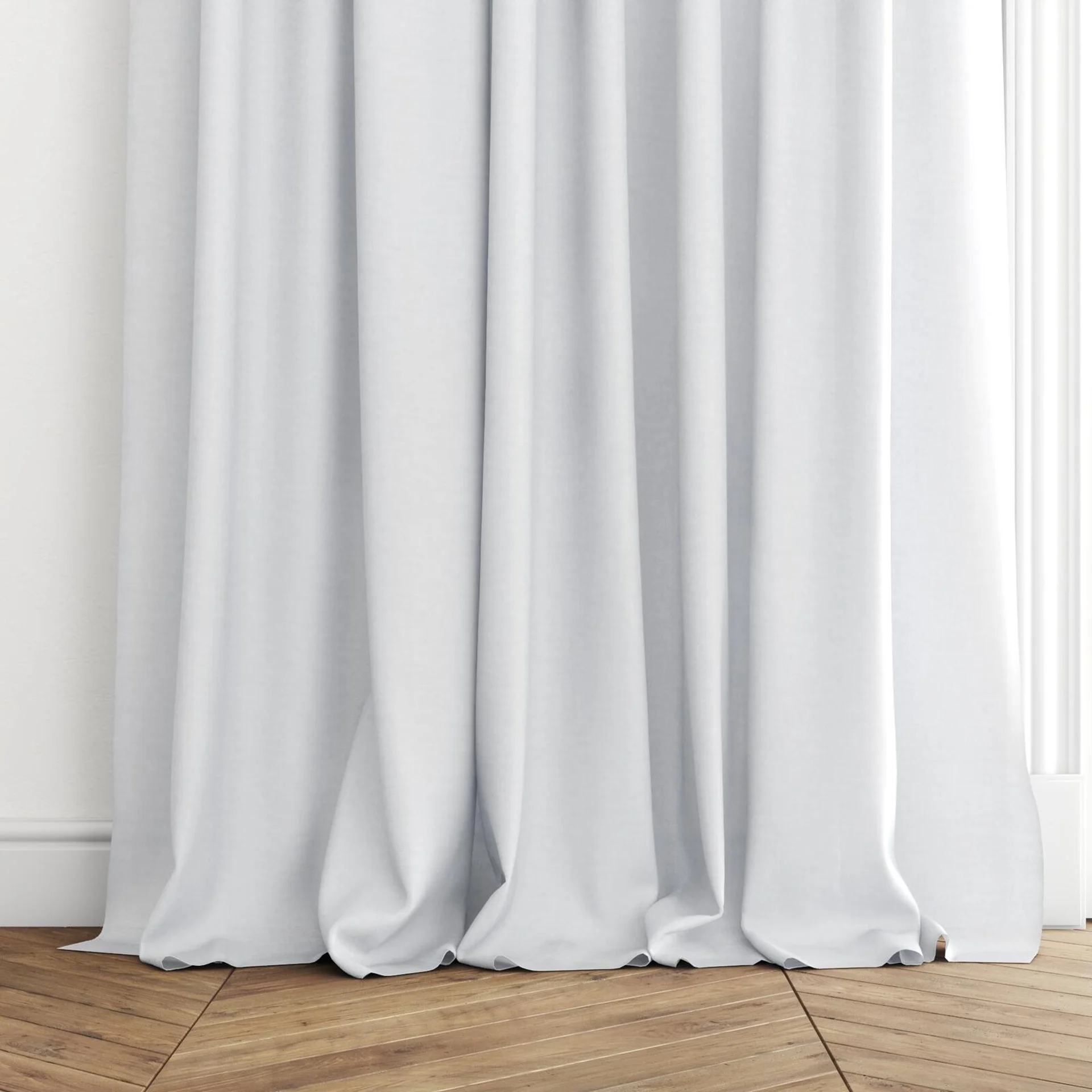 Bottom view of Arcadia Silver, puddled with pinch pleat, on curtain rod