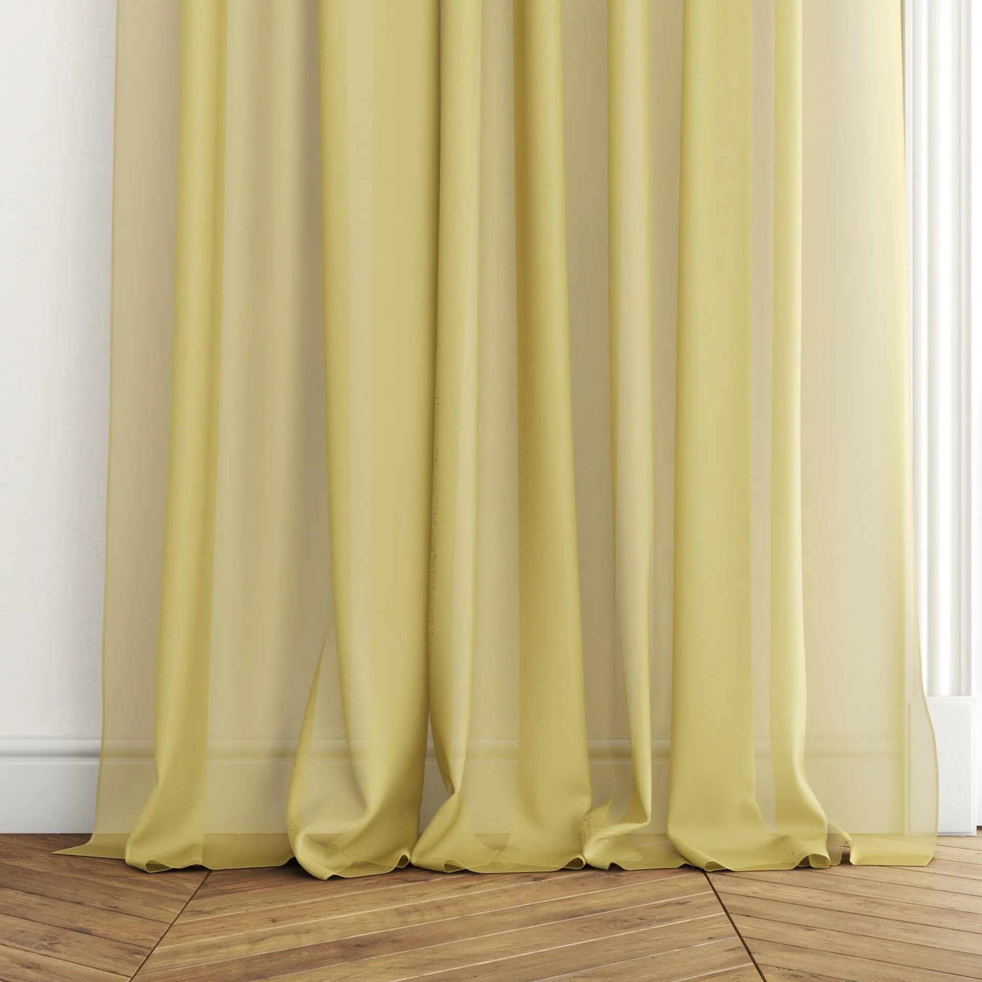 Bottom view of Zine Buttercup, puddled with pinch pleat, on curtain rod