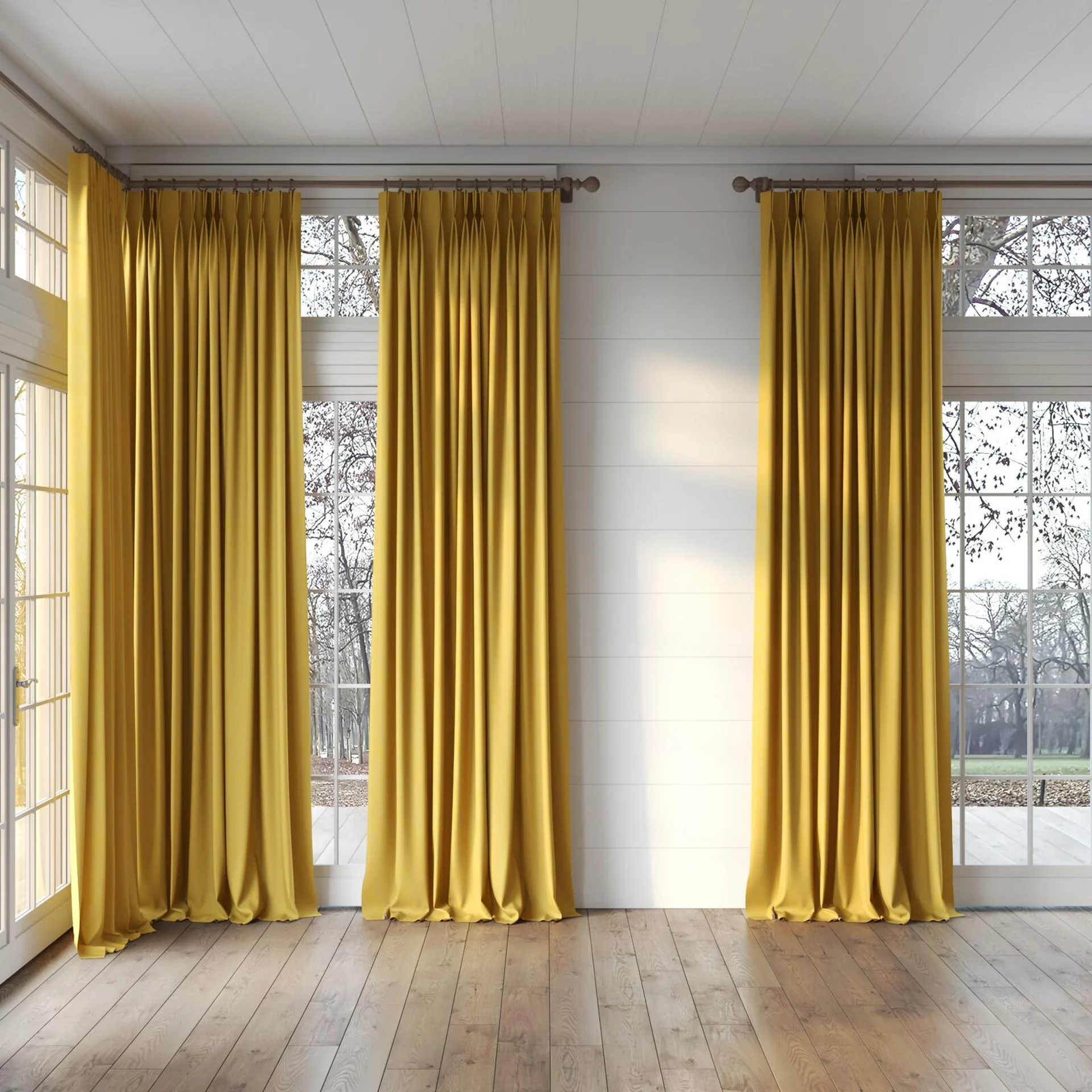 Full view of Jaborine Gold, puddled, on curtain rod