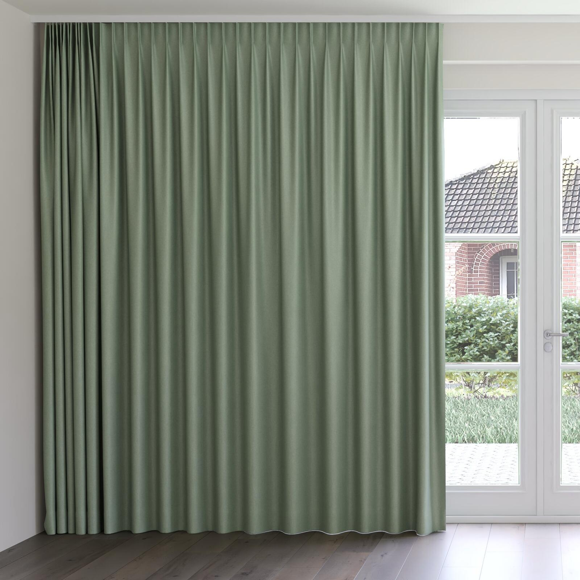 Front view of Woolly/Woolen Wasabi, on curtain rail