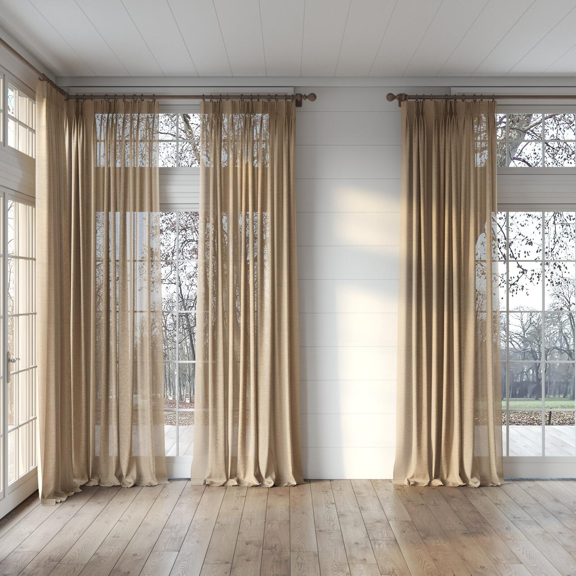 Full view of Revel Caramel, puddled, on curtain rod
