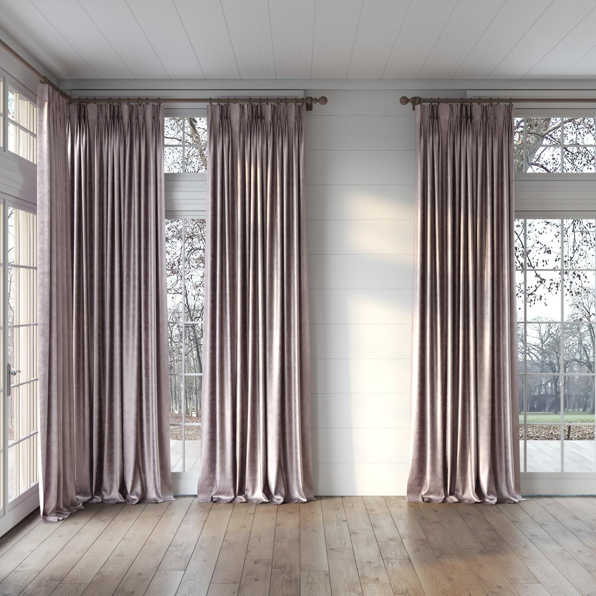 Full view of Fizz Heather, puddled, on curtain rod