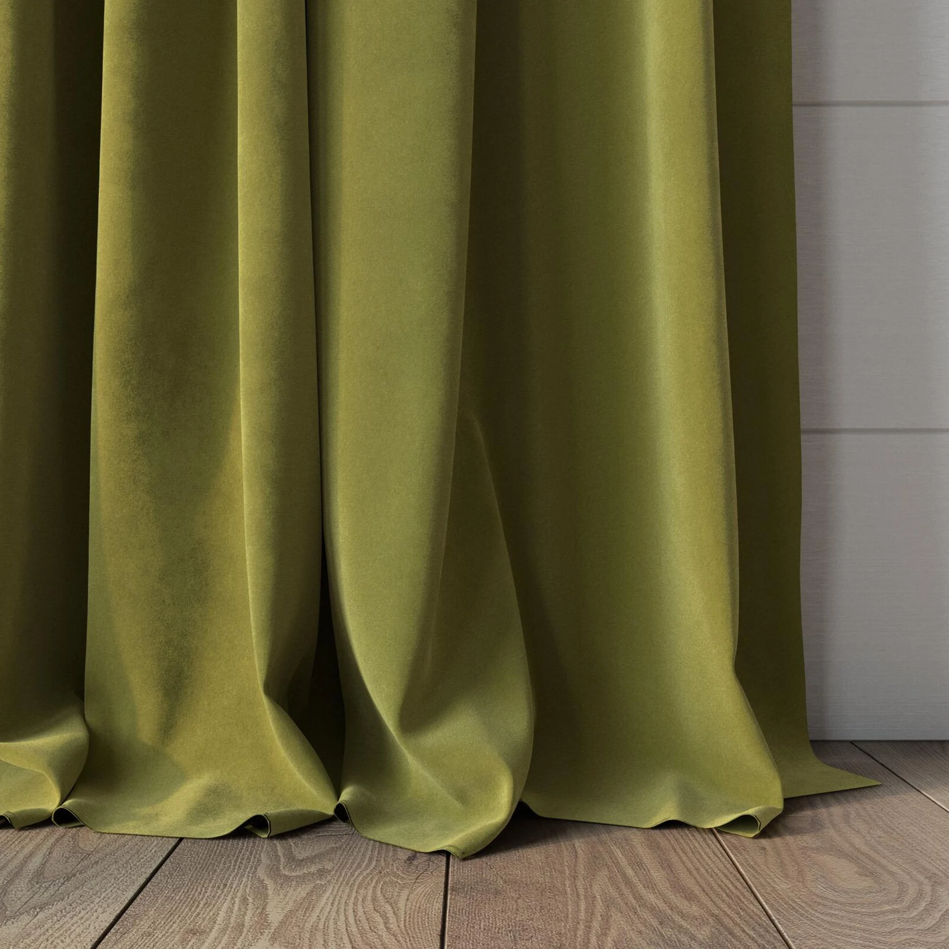 Bottom view of Lux Velvet Avocado 8117, puddled, on curtain rod