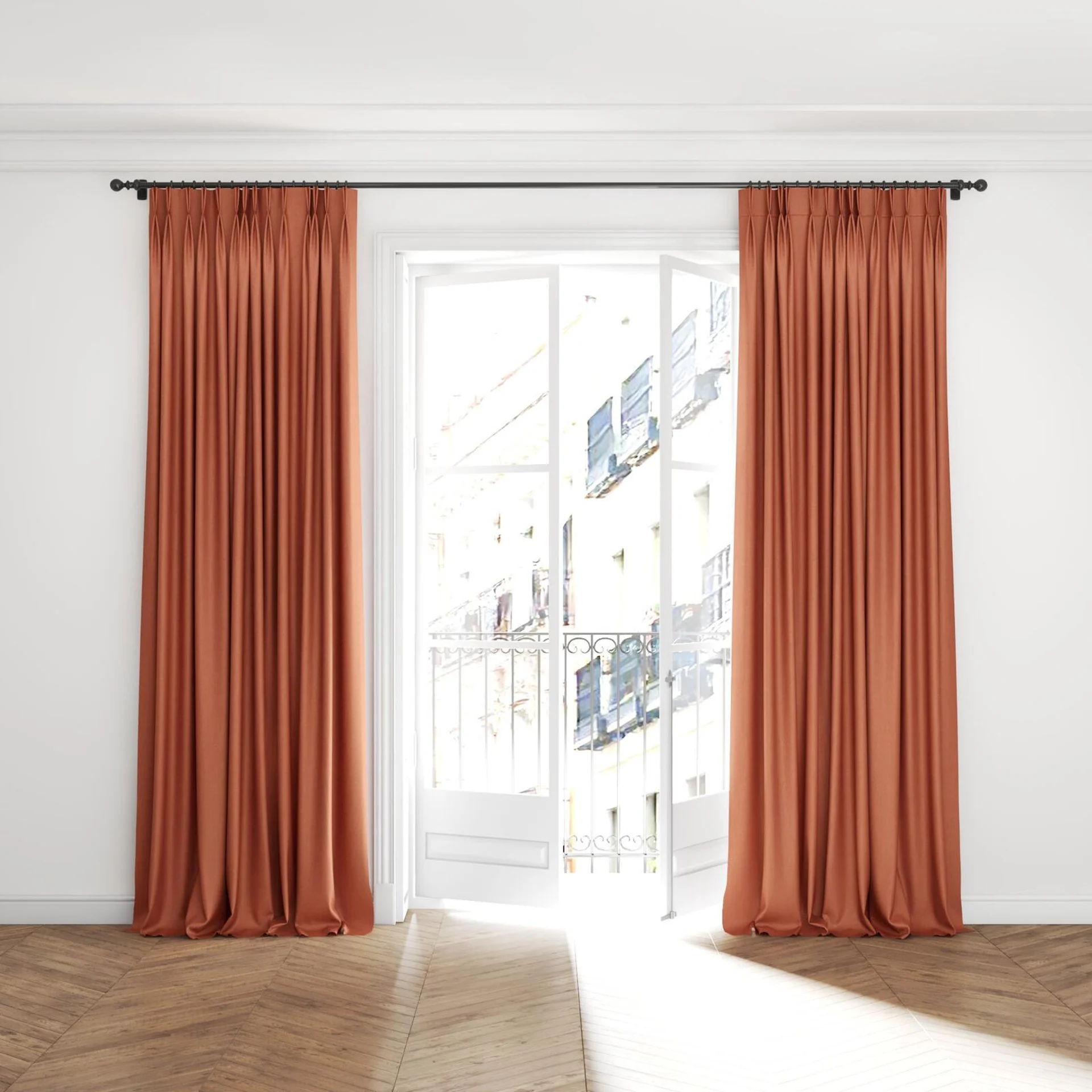 Full view of Gent Chutney, puddled with pinch pleat, on curtain rod