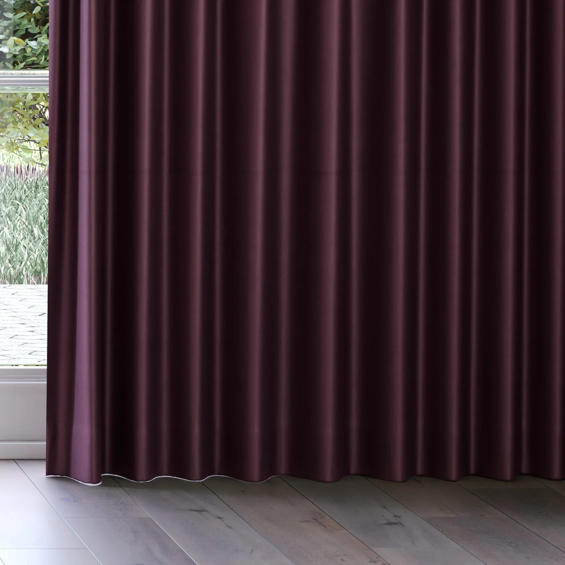 Bottom view of Warlock Aubergine, on curtain rail