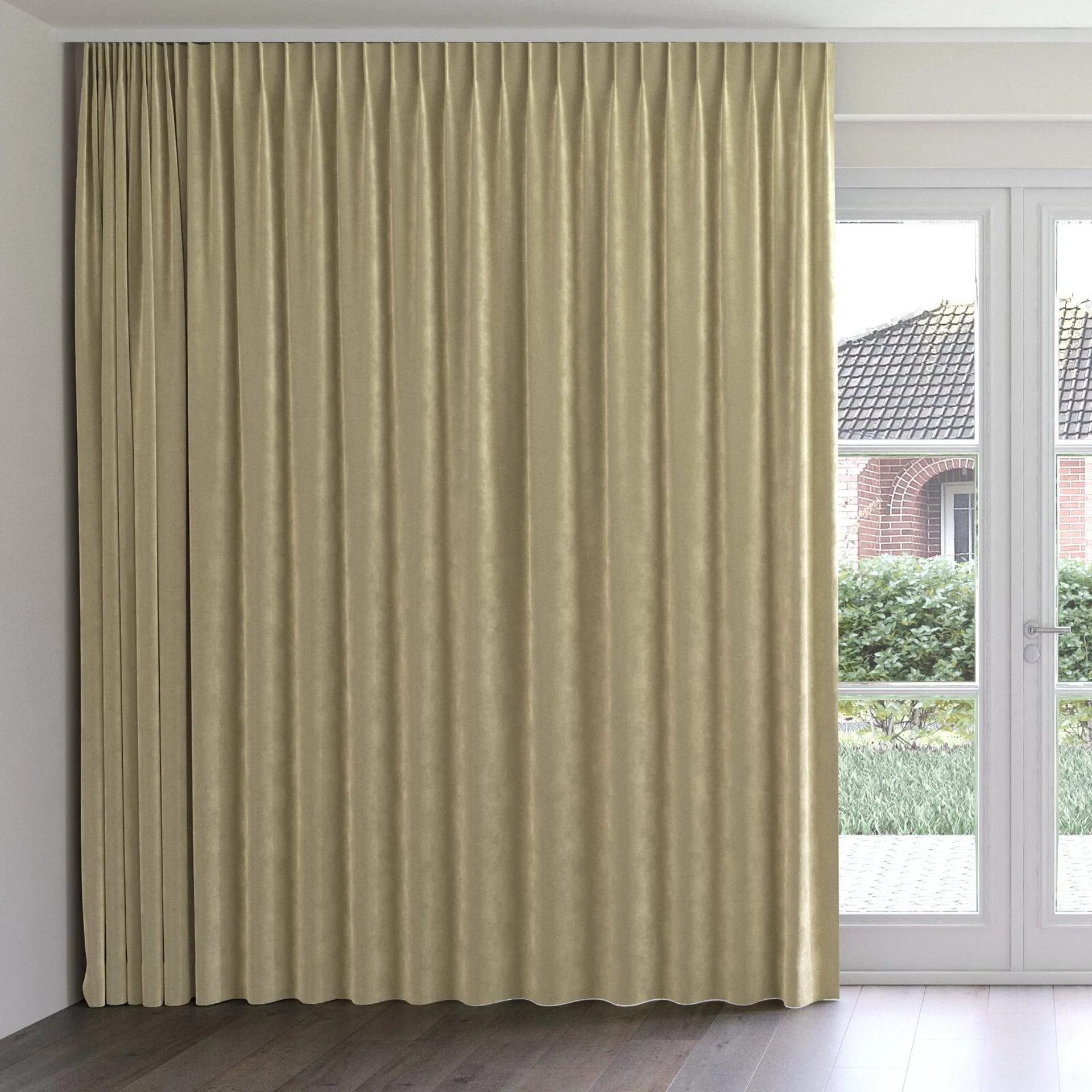 Front view of Lux Velvet Moss 8408, on curtain rail