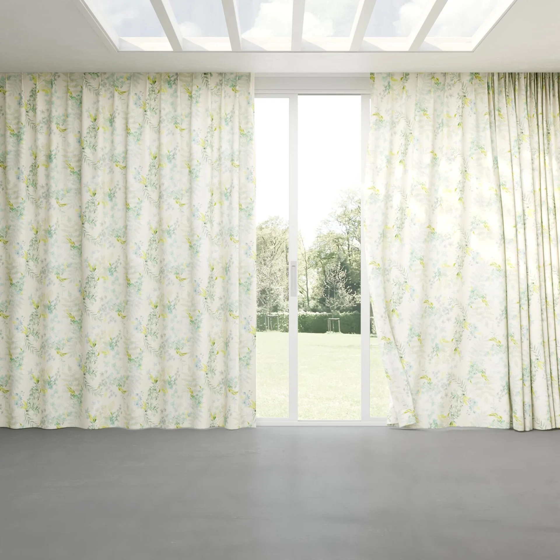 Full view of Plumeria Oasis, pinch pleat