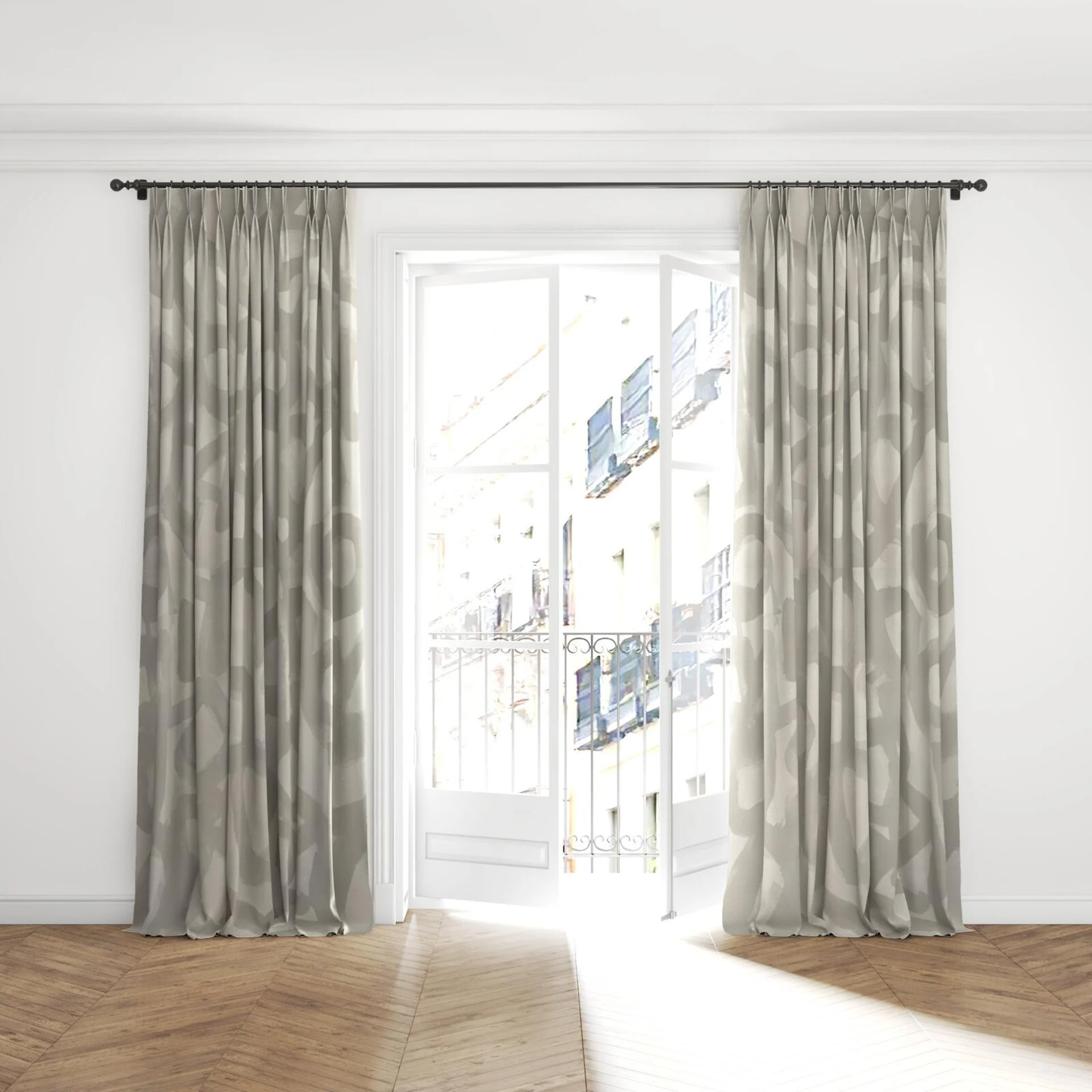 Full view of Abstraction Smoke, puddled with pinch pleat, on curtain rod