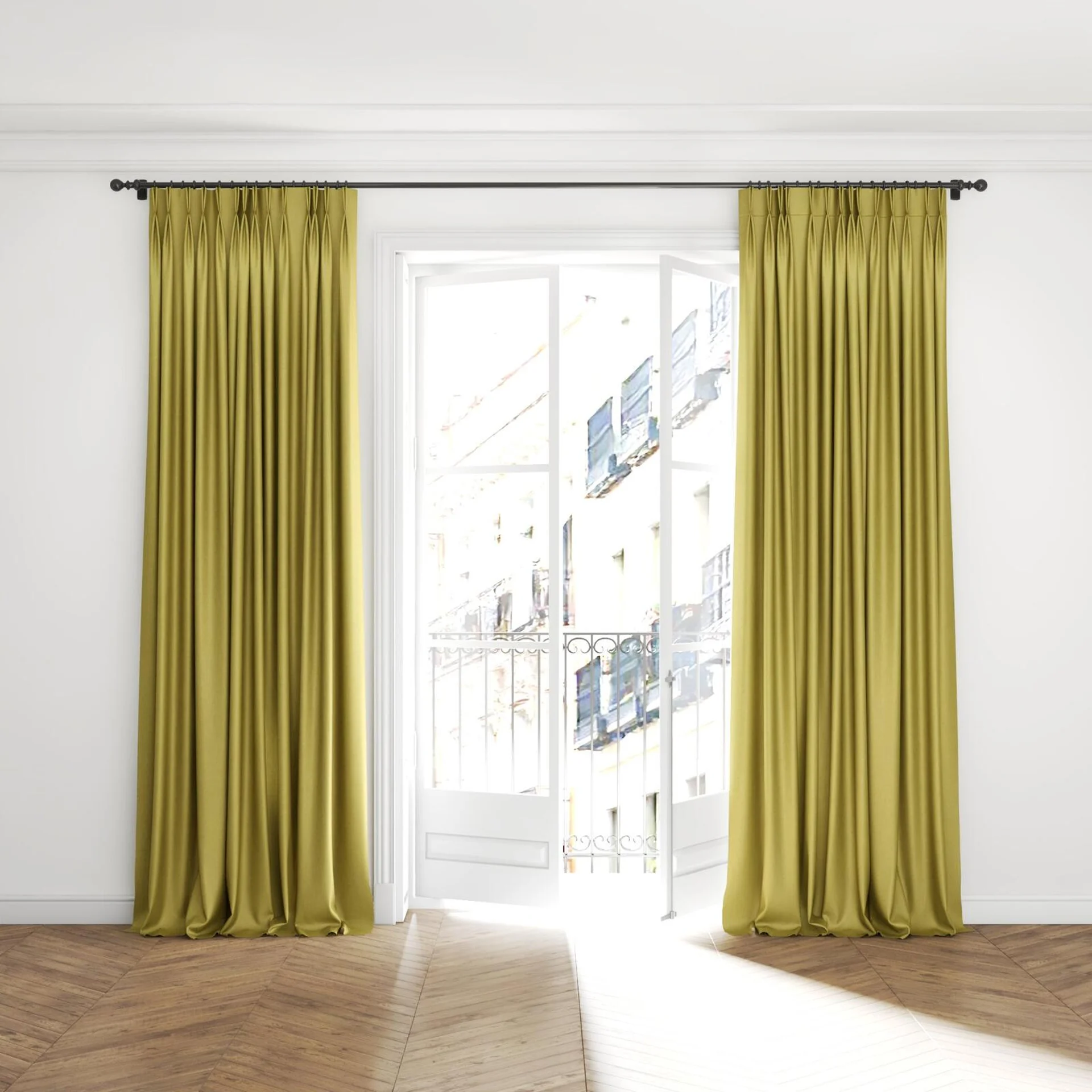Full view of Fiji Linden, puddled with pinch pleat, on curtain rod