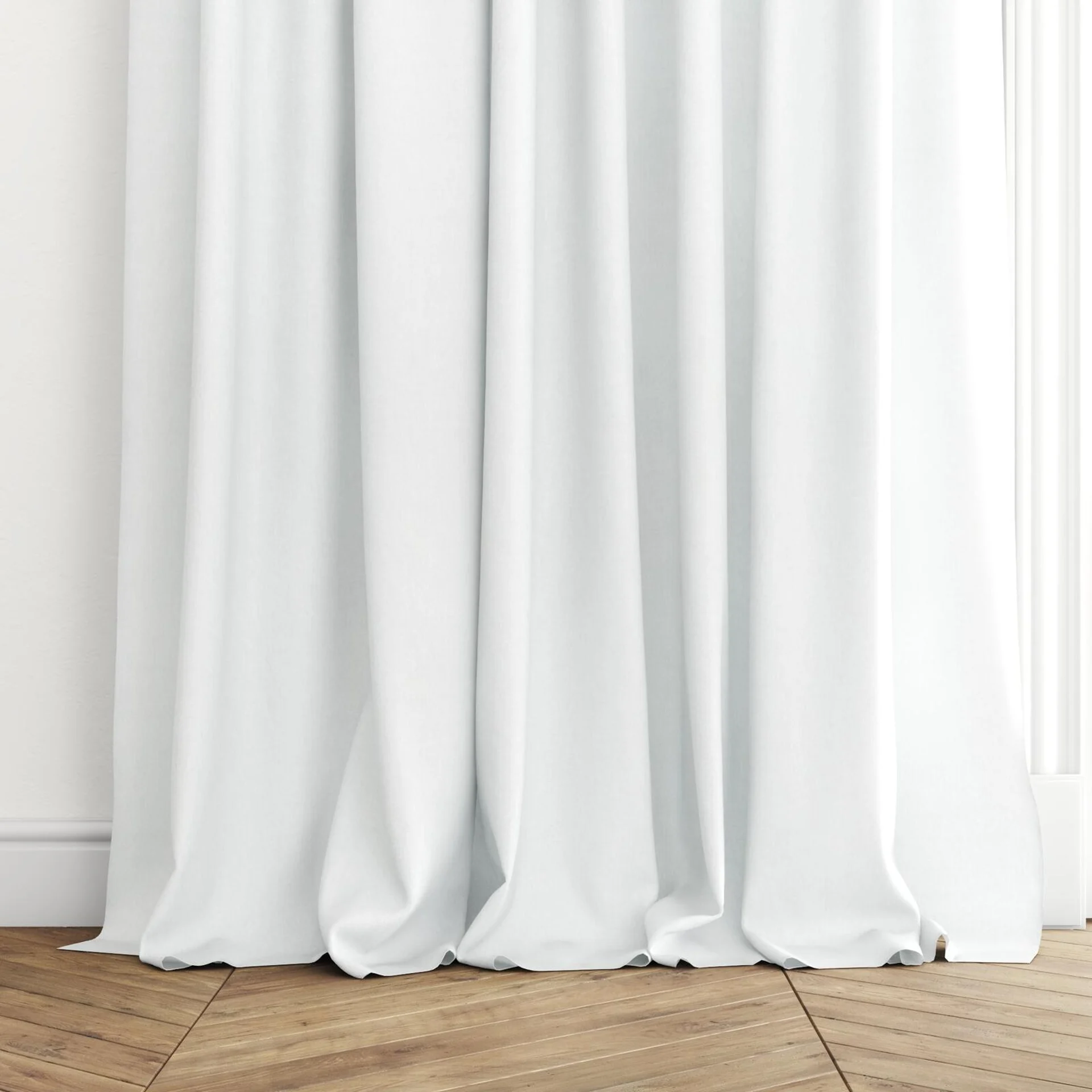 Bottom view of Ophelia Snow, puddled with pinch pleat, on curtain rod