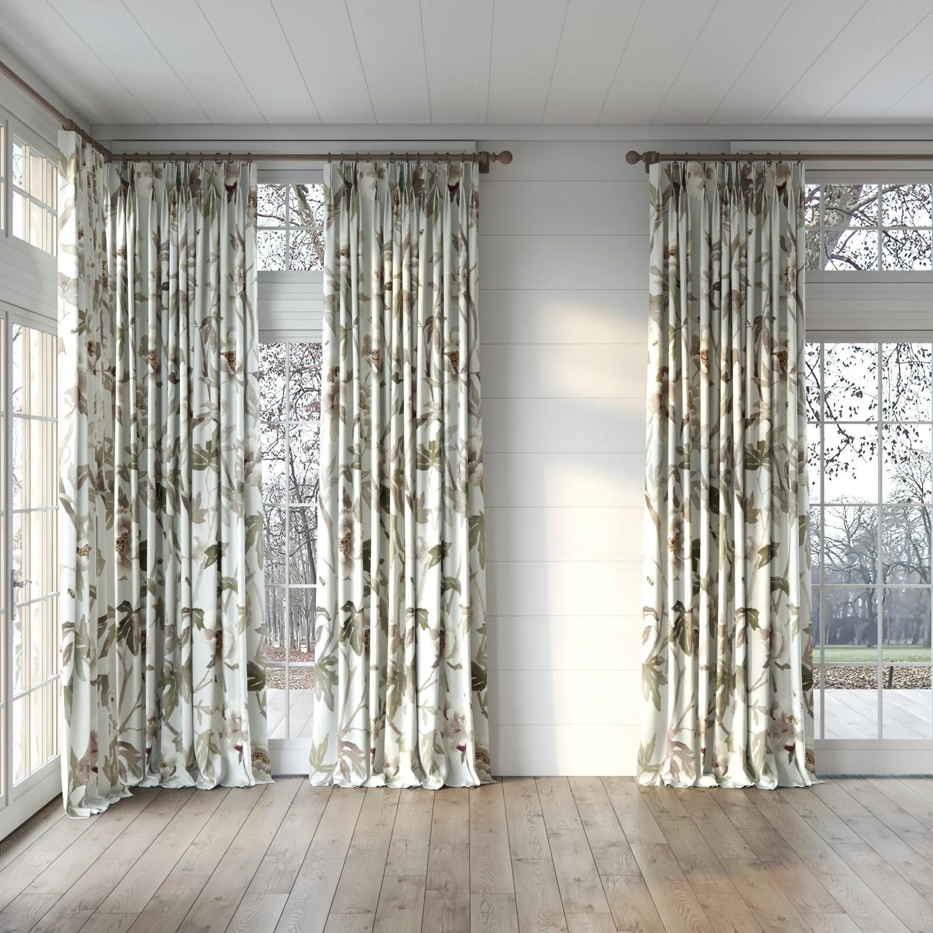 Full view of Peonia Duckegg, puddled, on curtain rod