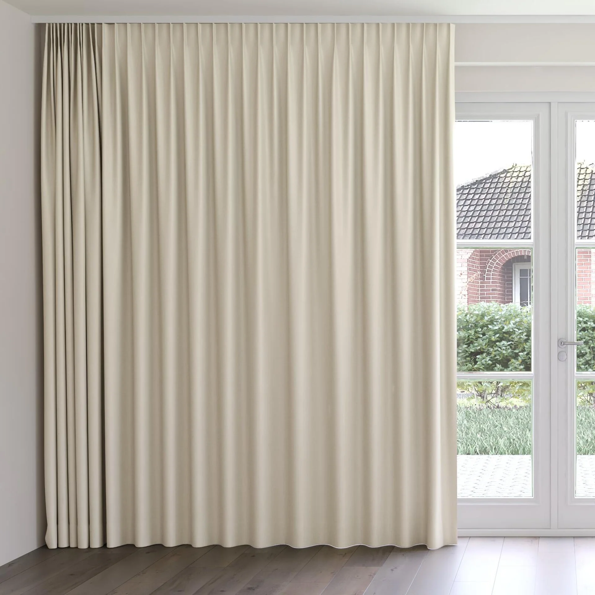 Front view of Eclipse Blackout Parchment, on curtain rail