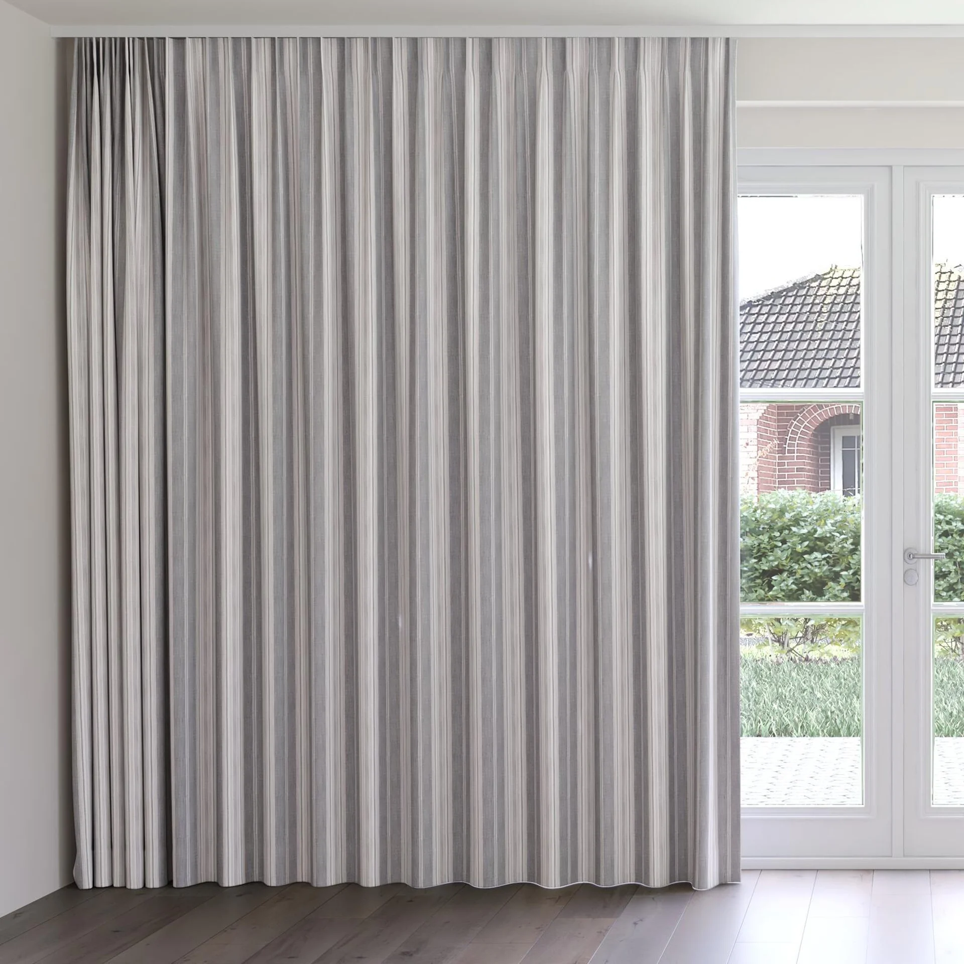 Front view of Chambray Multi Black, on curtain rail