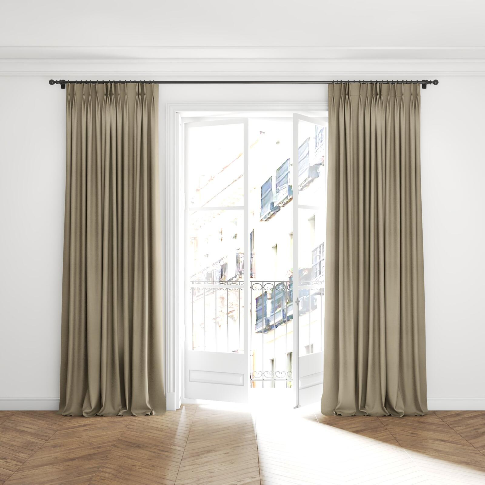 Full view of Loci Dim Out Greige, puddled with pinch pleat, on curtain rod