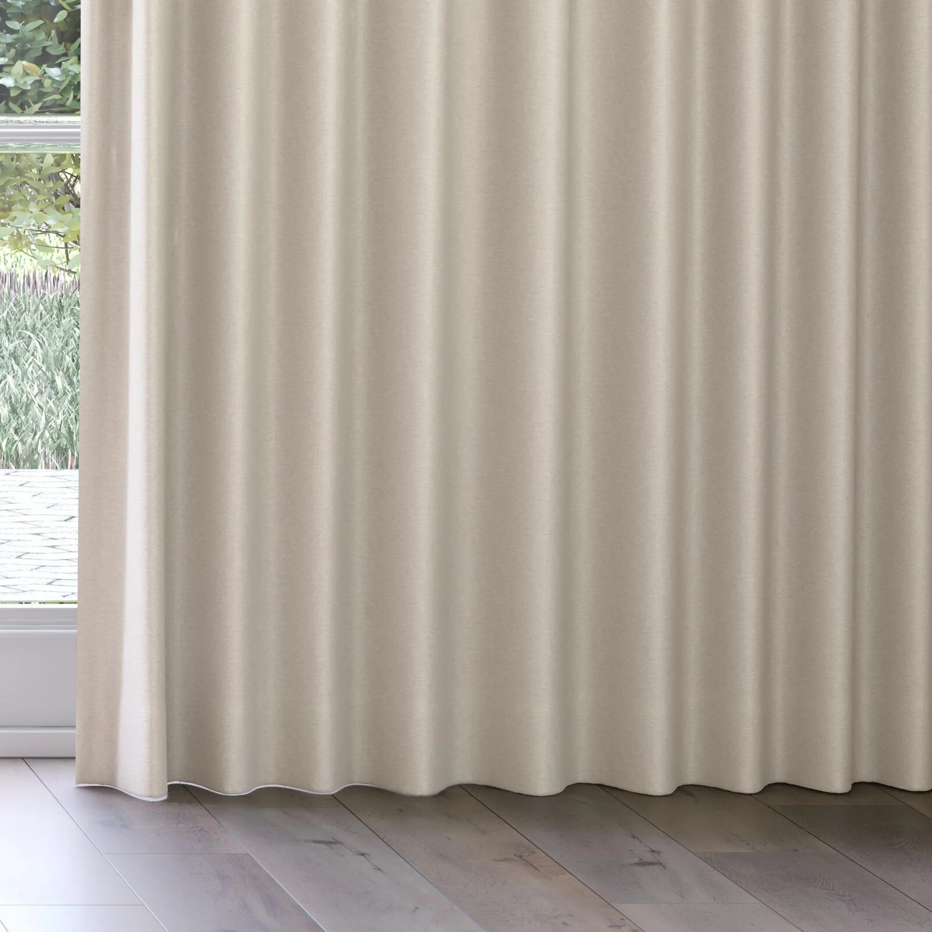 Bottom view of Colourwash Eco Greige, on curtain rail