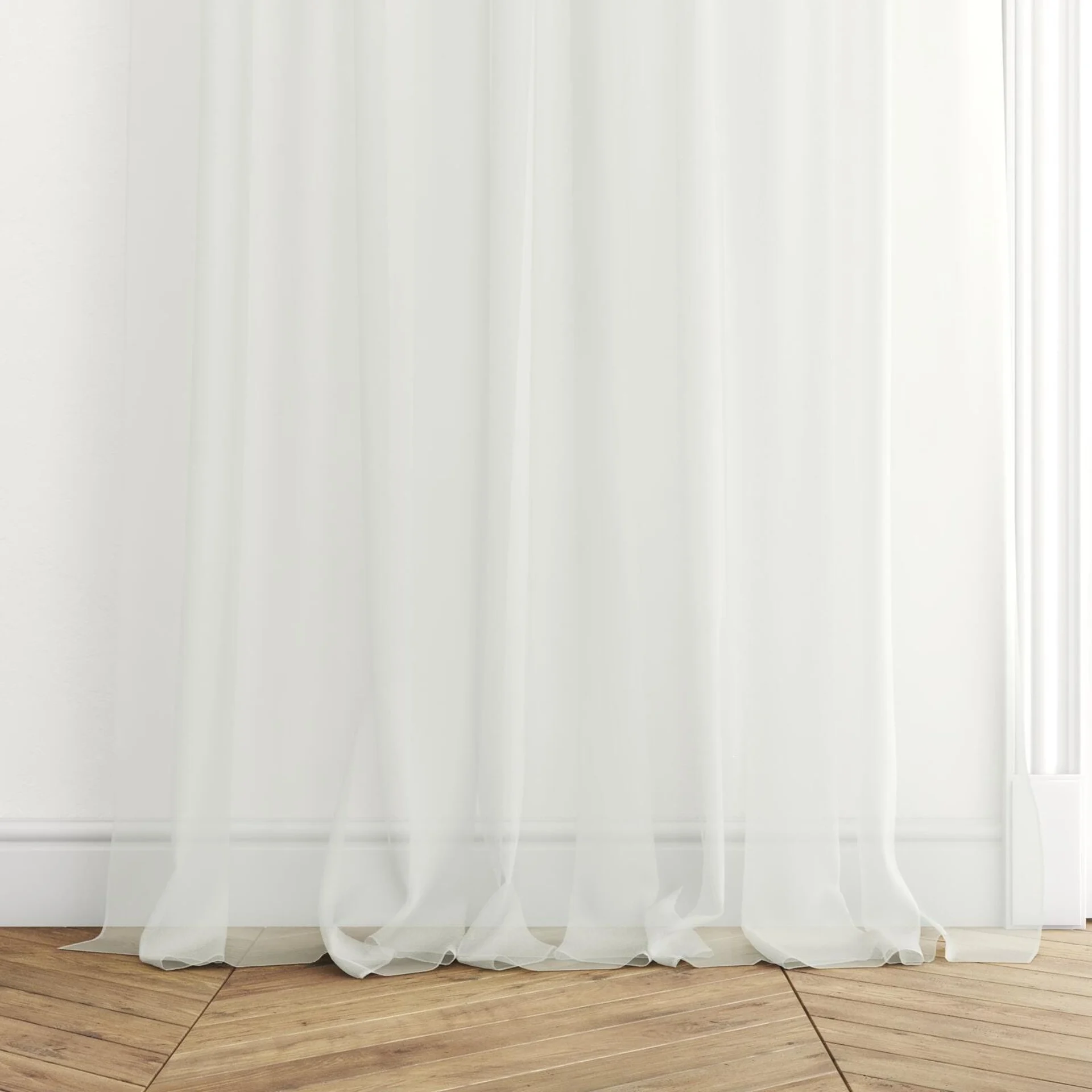 Bottom view of Xo Ecru, puddled with pinch pleat, on curtain rod