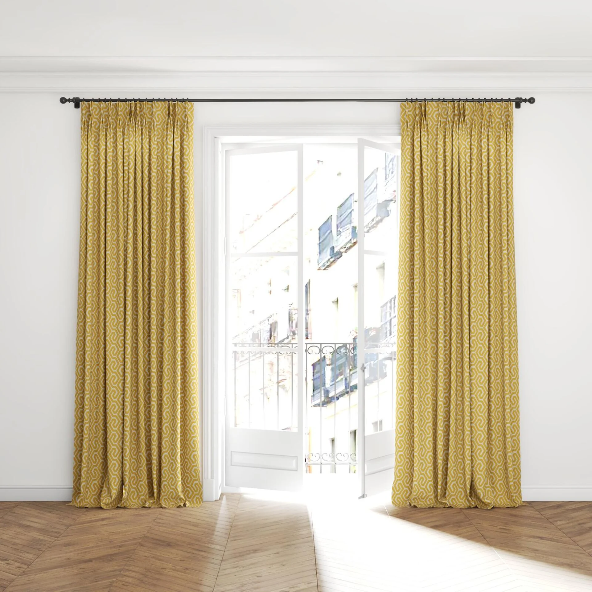 Full view of Comdeca Gold, puddled with pinch pleat, on curtain rod