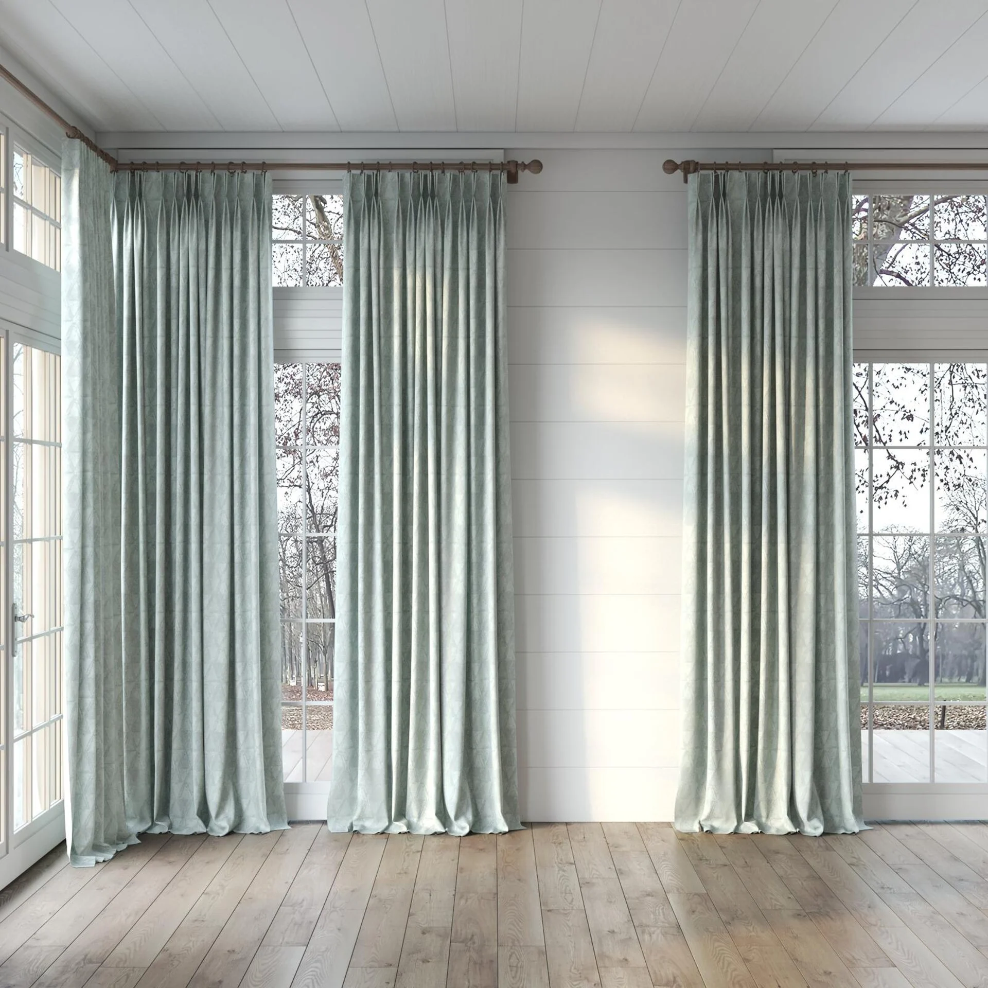 Full view of Handsome Aqua, puddled, on curtain rod