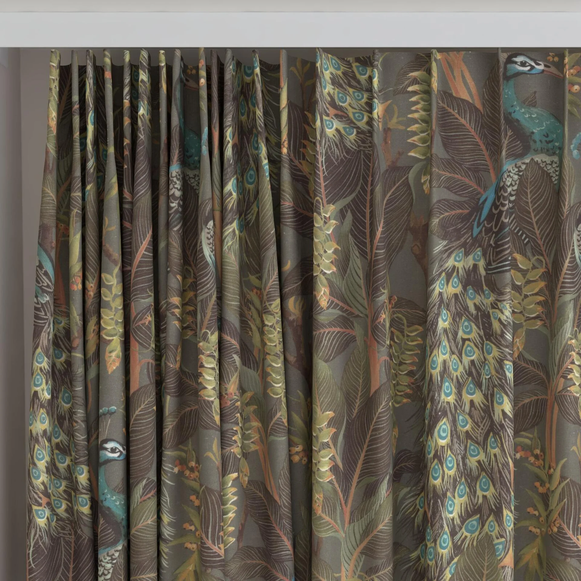 Top view of Royal Peacock Sepia, on curtain rail