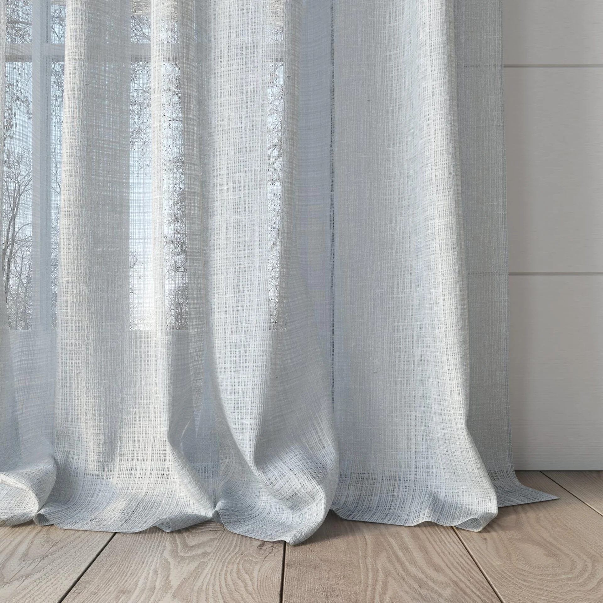 Bottom view of Scandinese Cloud, puddled, on curtain rod