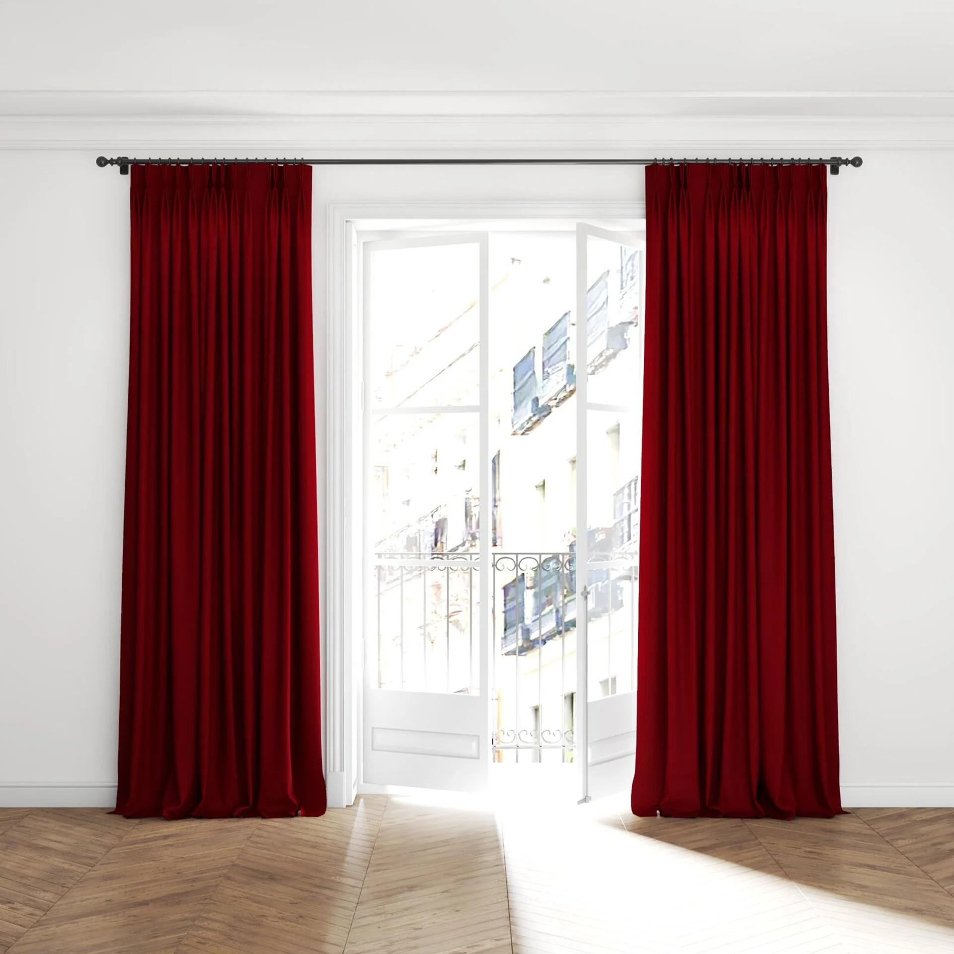 Full view of Lech Cranberry, puddled with pinch pleat, on curtain rod