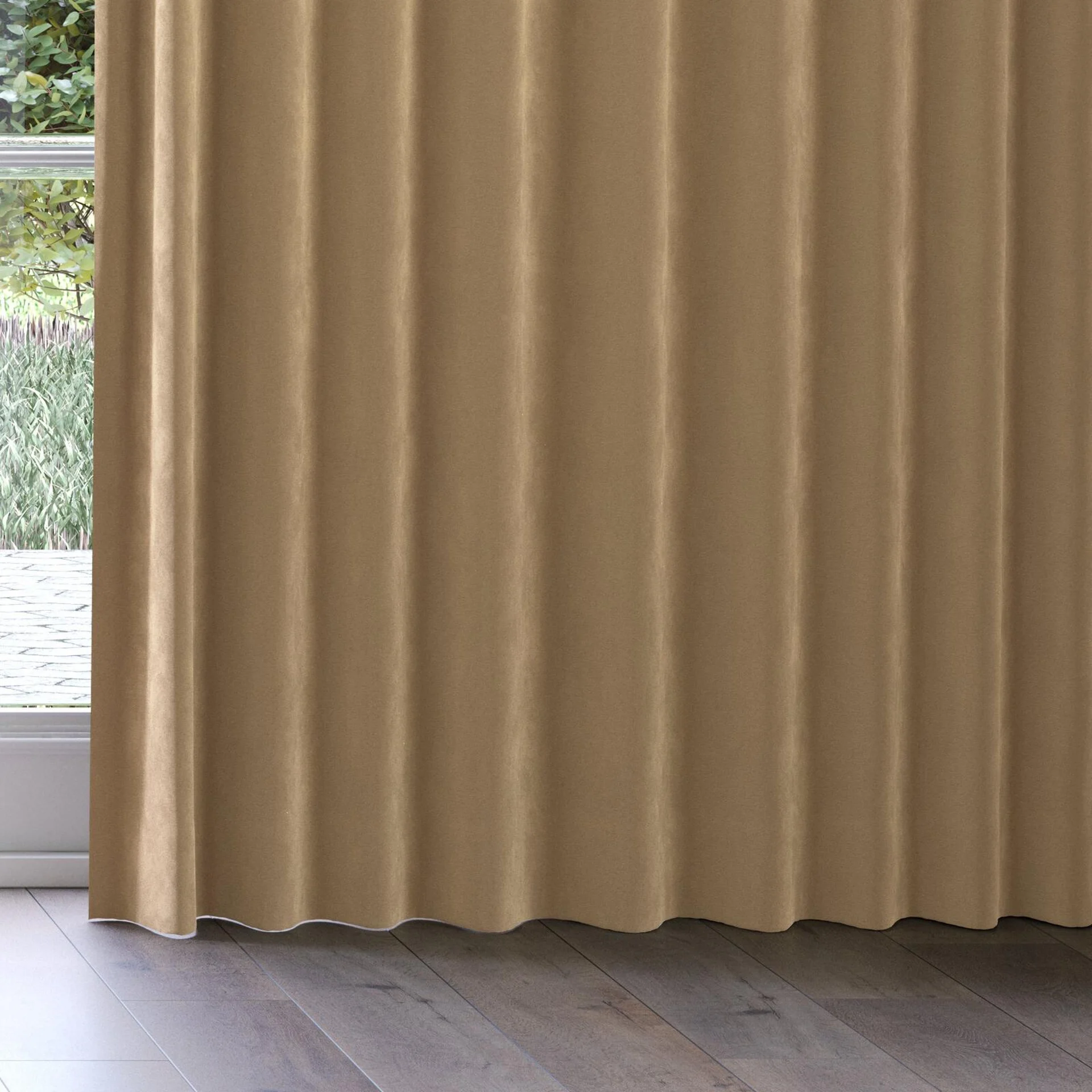 Bottom view of Lux Velvet Coffee 8407, on curtain rail