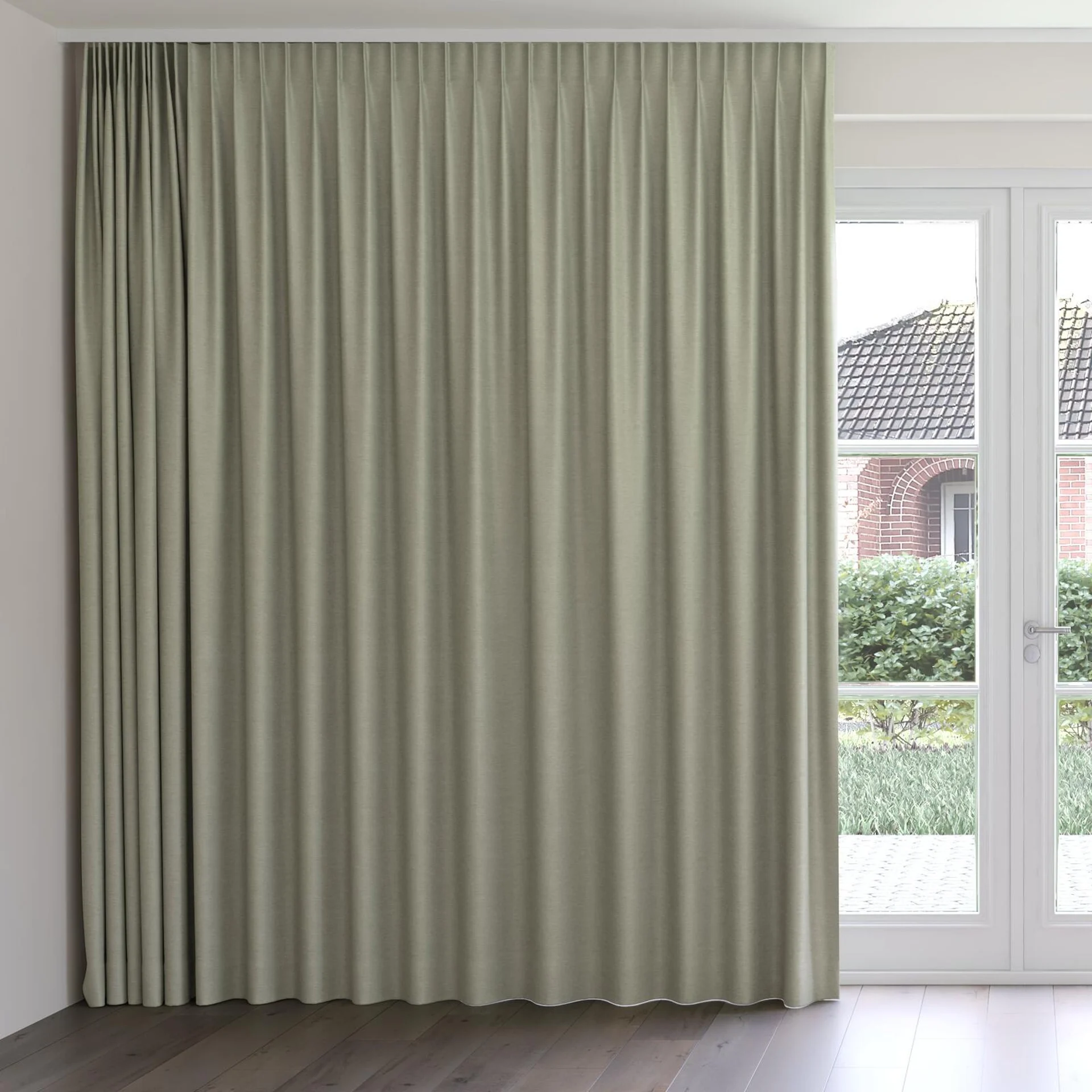 Front view of Colourwash Eco Moss, on curtain rail