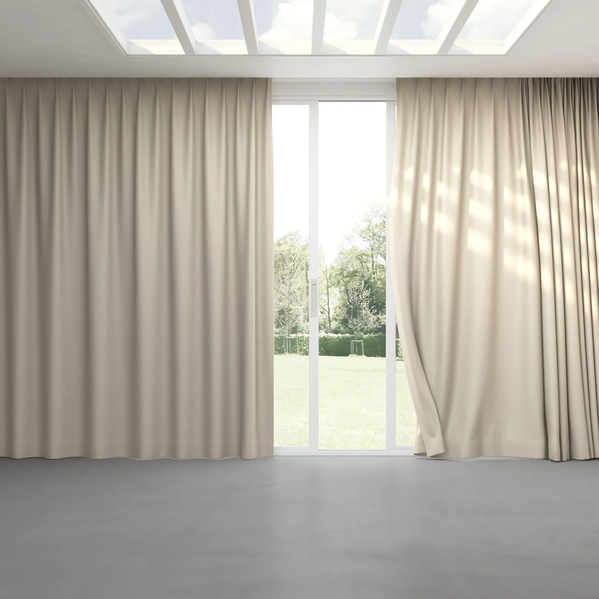 Full view of Colourwash Eco Greige, pinch pleat