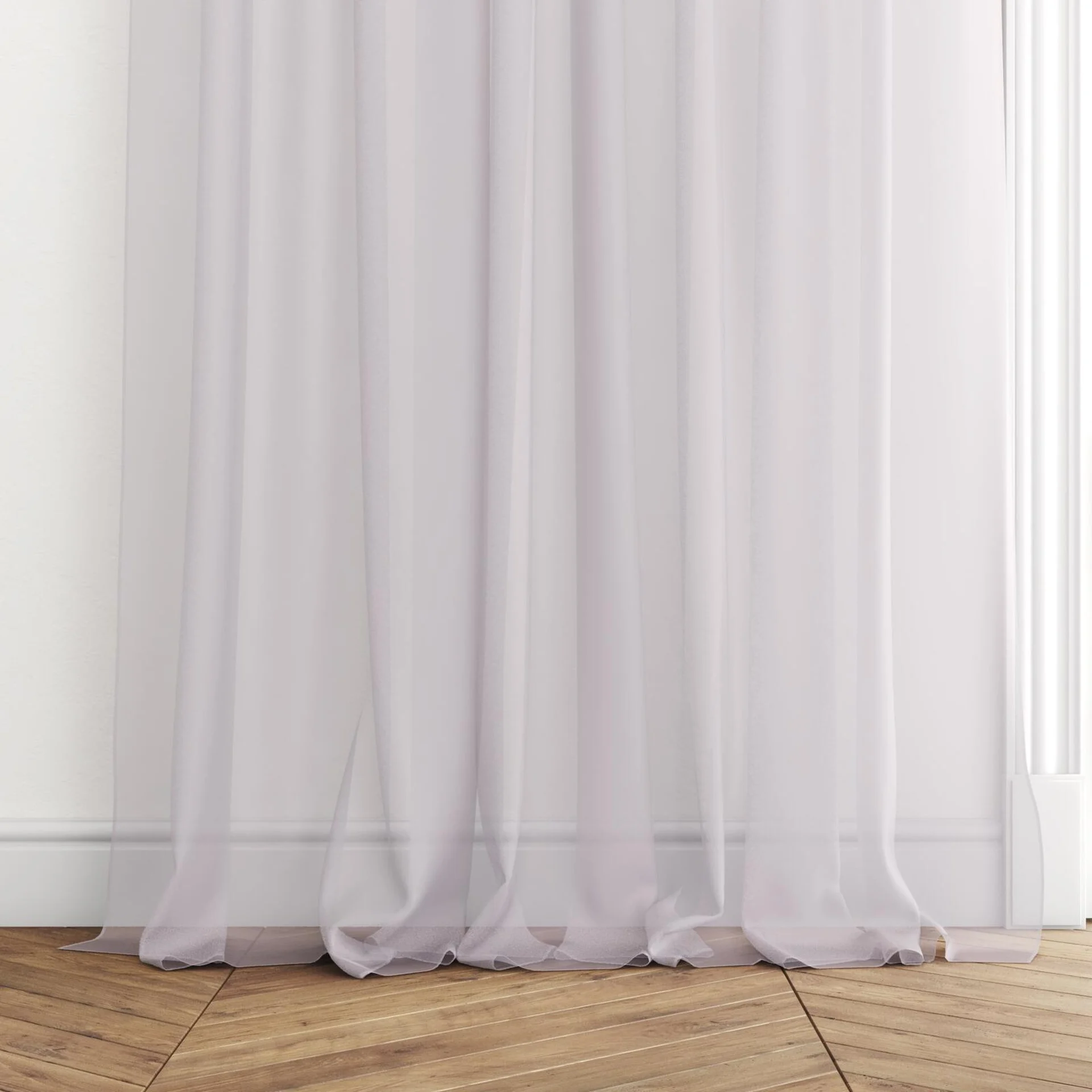 Bottom view of Xo Quartz, puddled with pinch pleat, on curtain rod