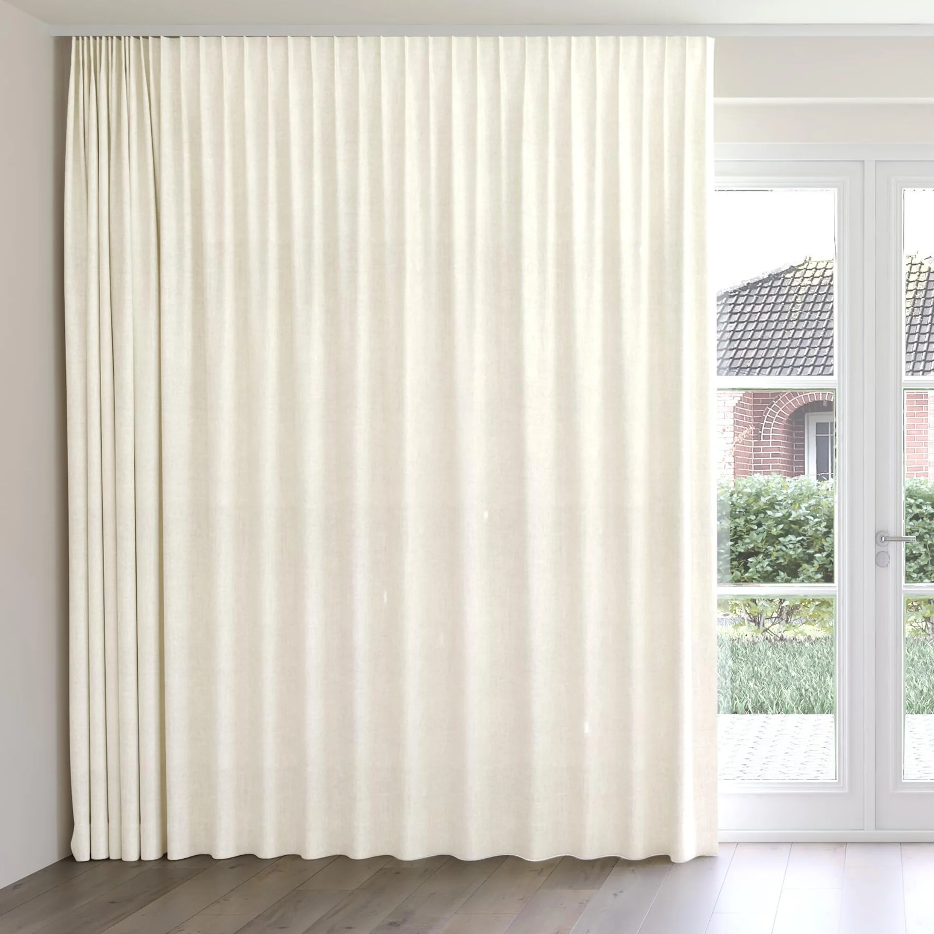 Front view of Monterey Marshmallow, on curtain rail