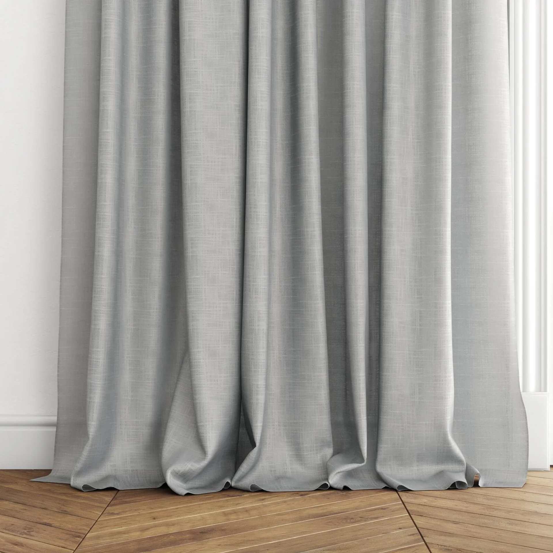 Bottom view of Charanga Shadow, puddled with pinch pleat, on curtain rod