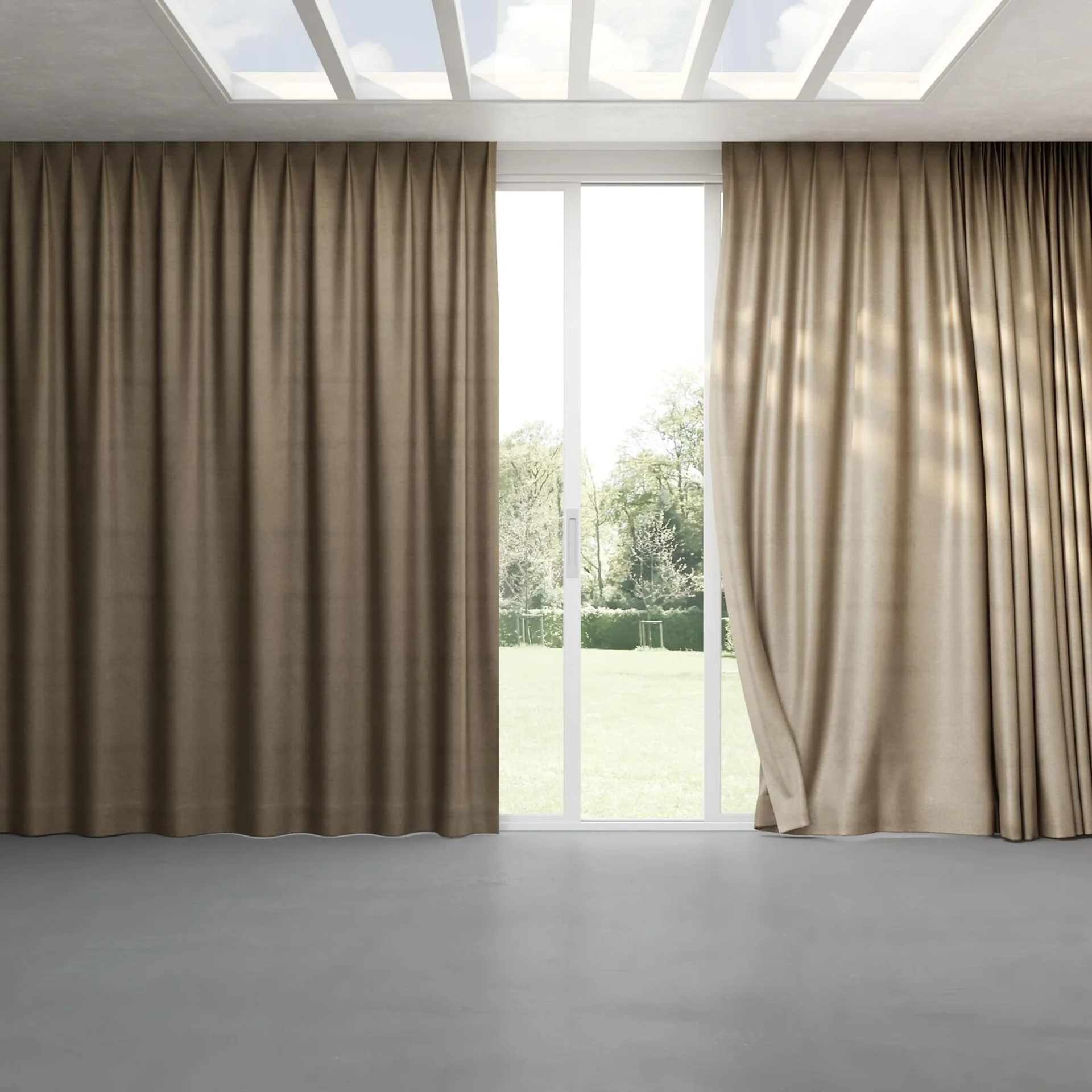Full view of Baron Stucco, pinch pleat