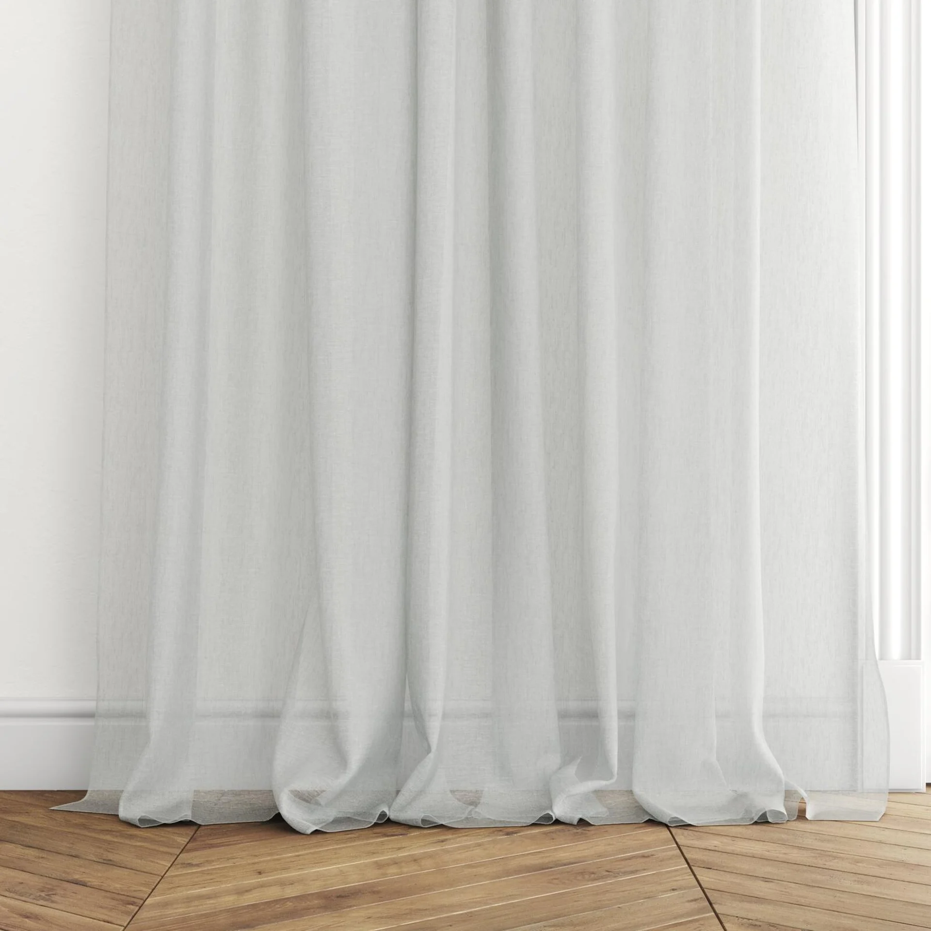 Bottom view of Shoji Celadon, puddled with pinch pleat, on curtain rod