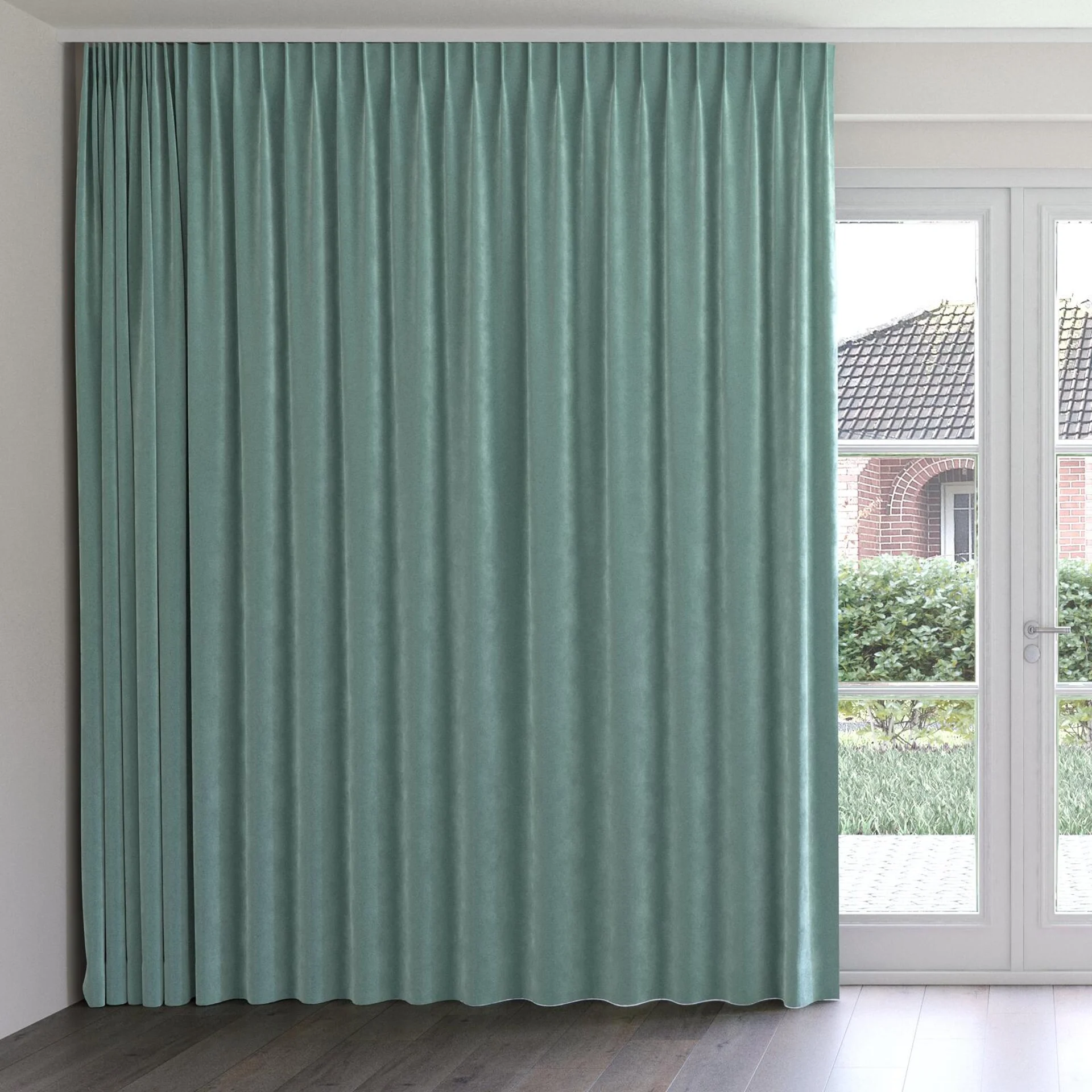 Front view of Lux Velvet Mint 8803, on curtain rail
