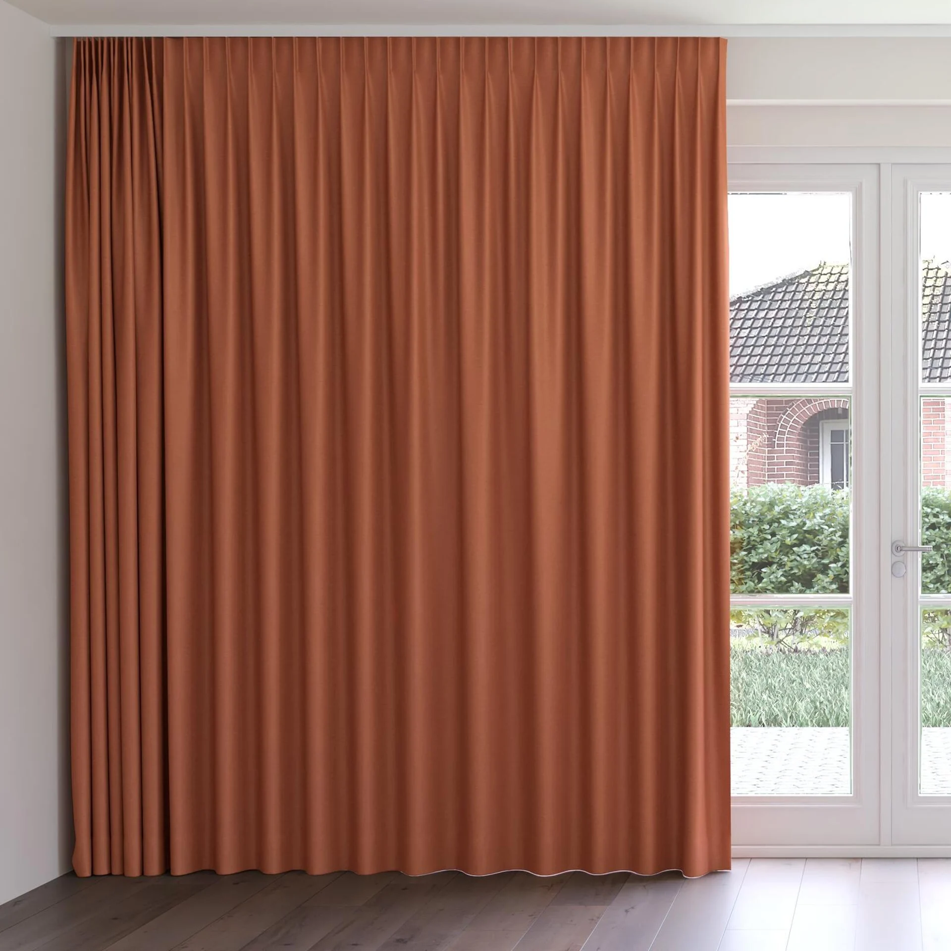 Front view of Colourwash Eco Terra, on curtain rail