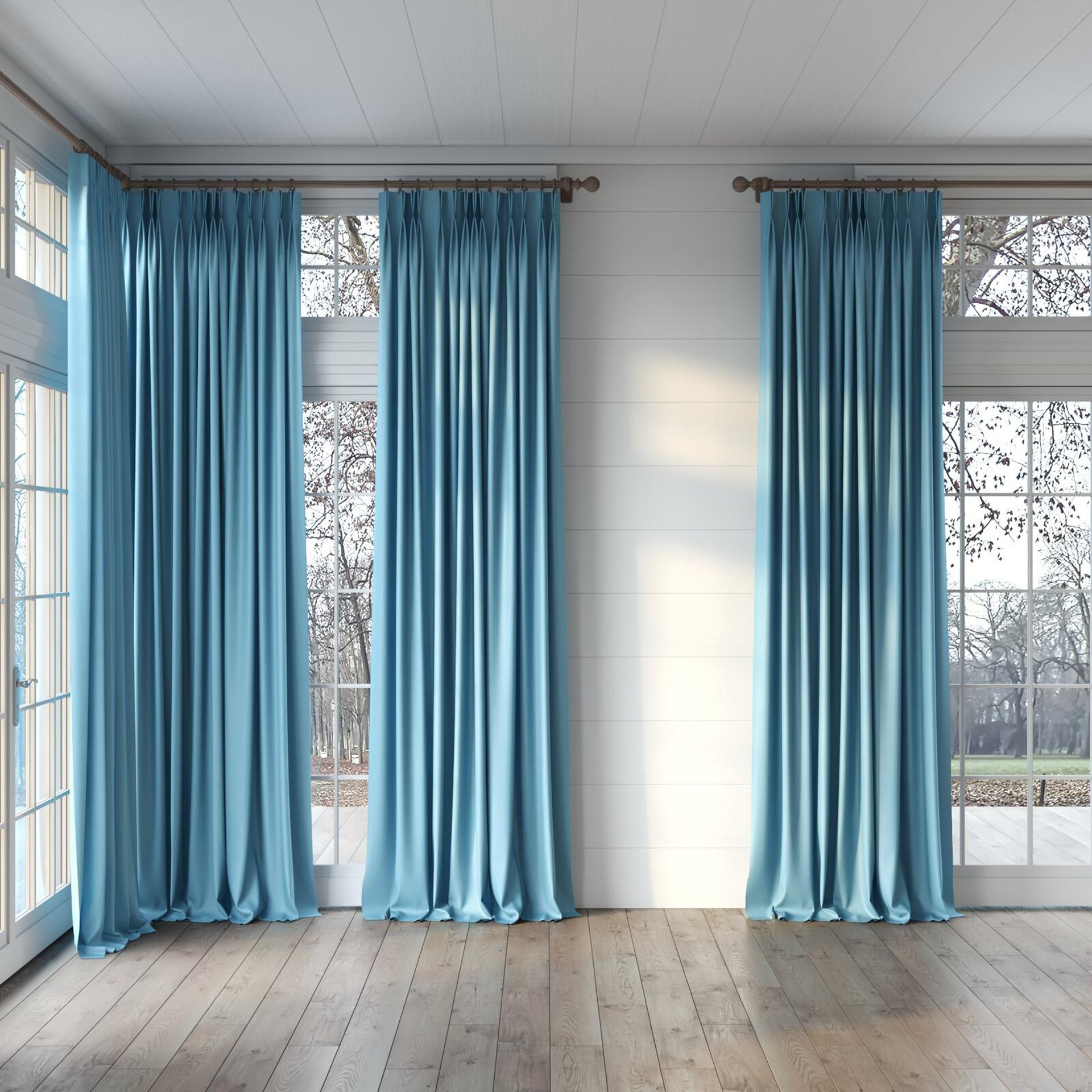 Full view of Kidglove Fontaine, puddled, on curtain rod