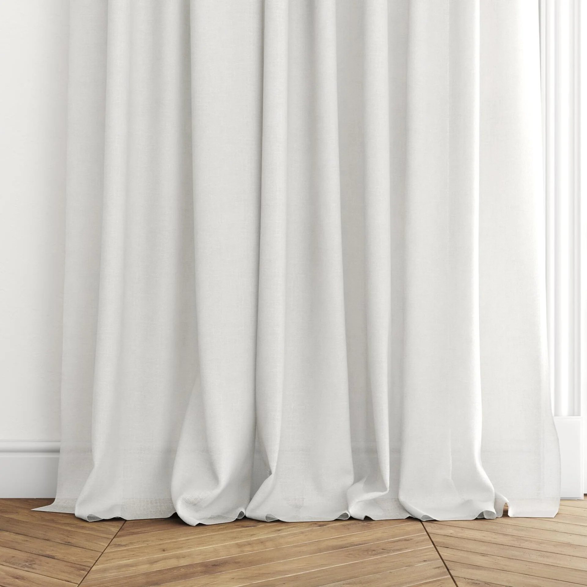 Bottom view of Fabiola Champagne, puddled with pinch pleat, on curtain rod