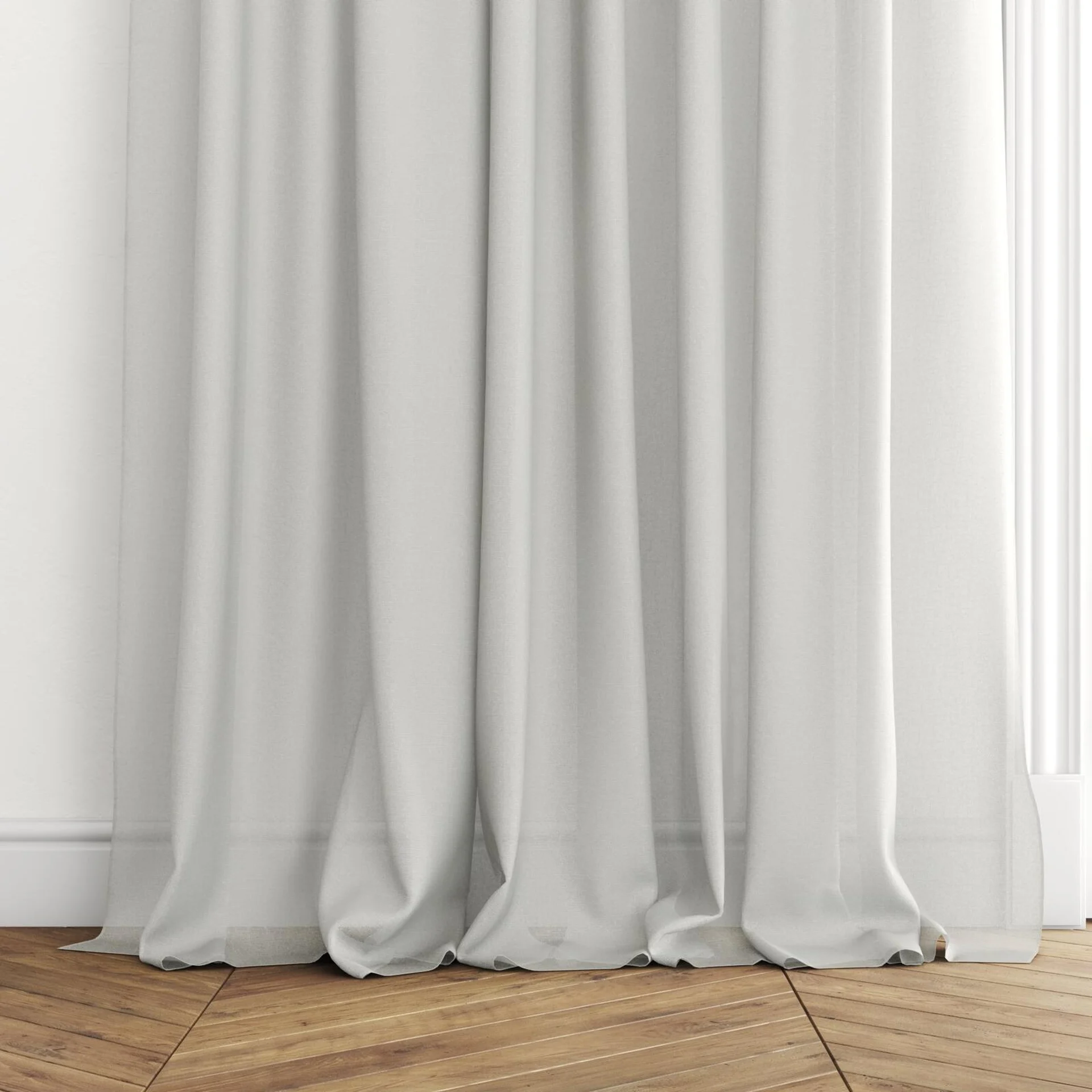 Bottom view of Alcova Haze, puddled with pinch pleat, on curtain rod