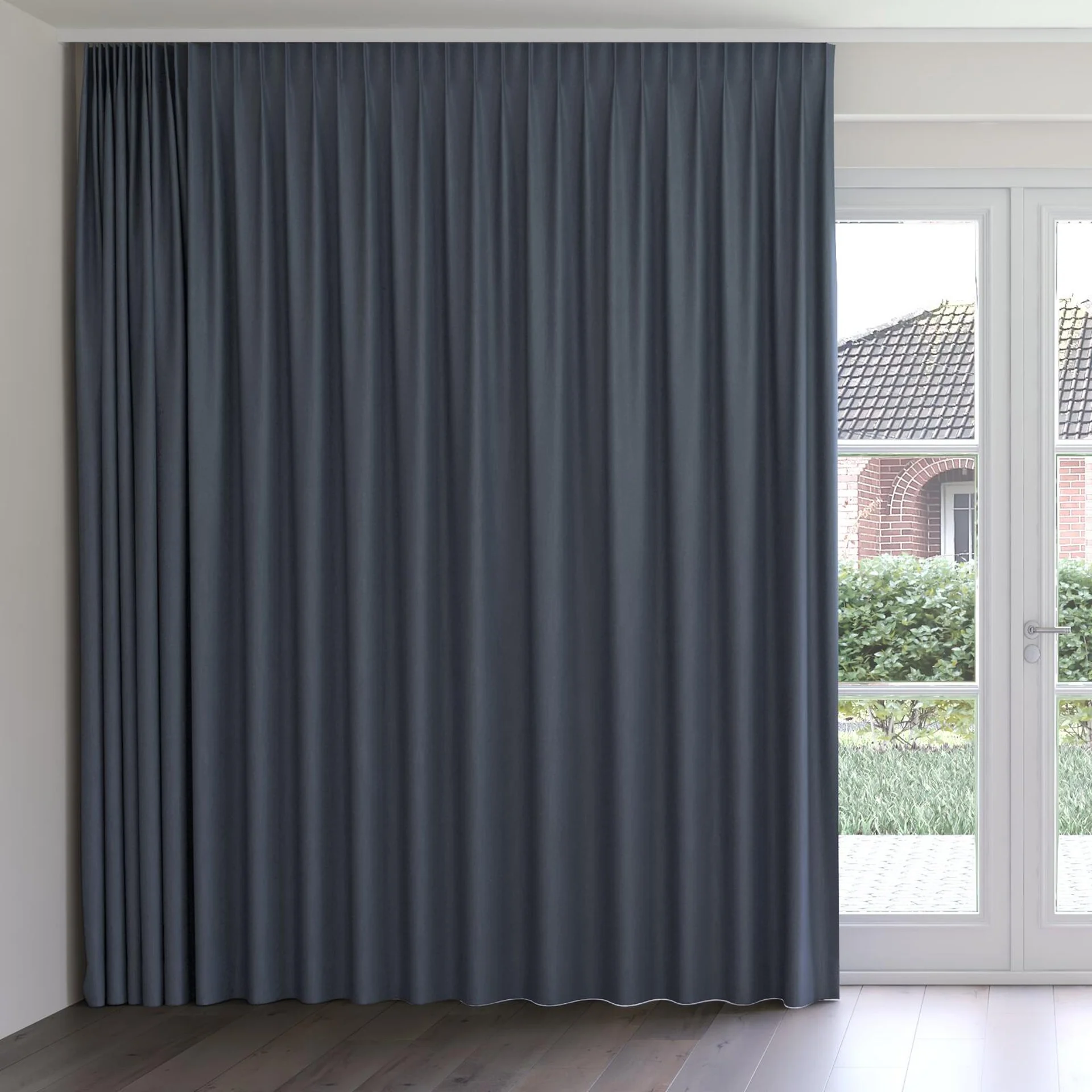 Front view of Excel Navy, on curtain rail