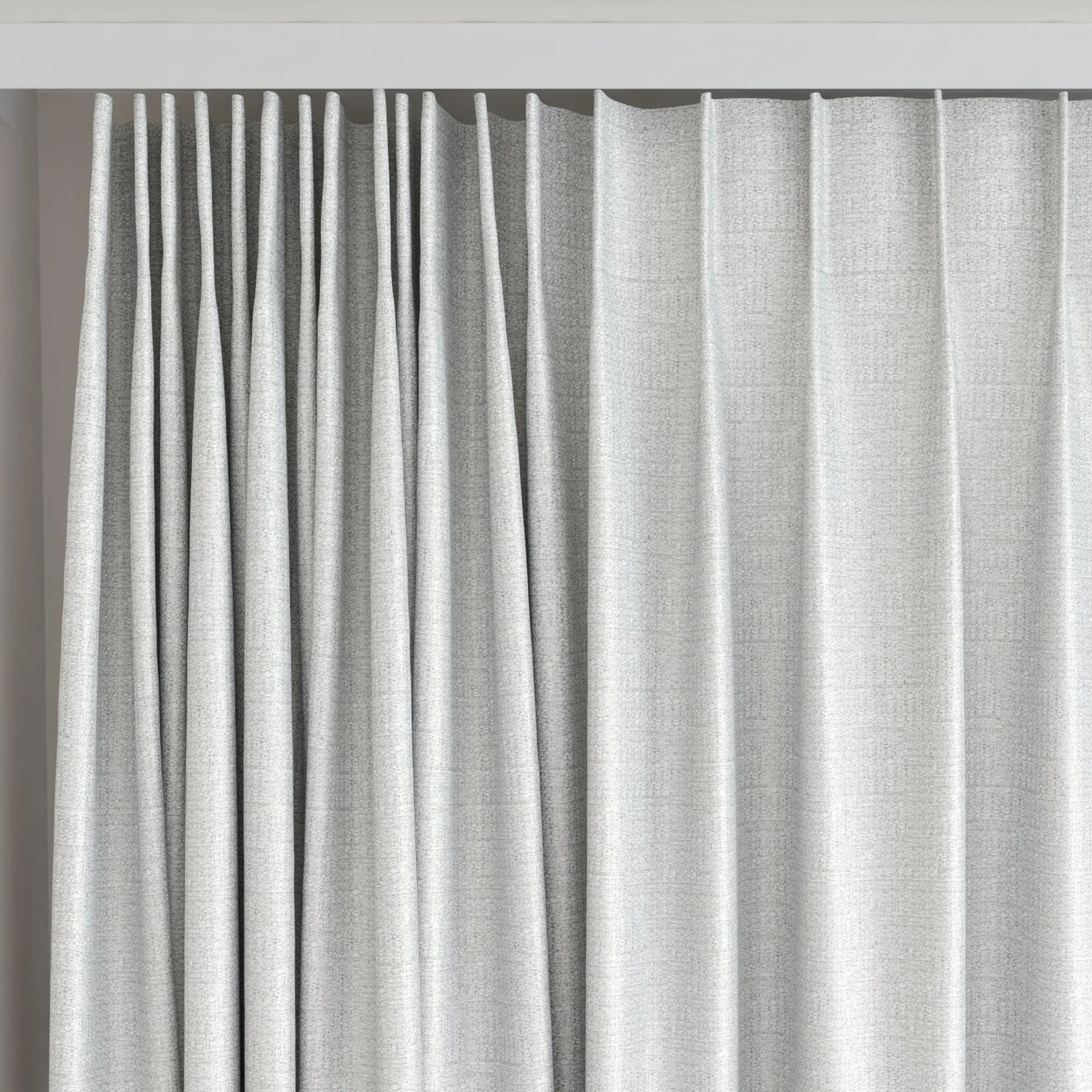 Top view of Kennedy FR Blackout Frost, on curtain rail