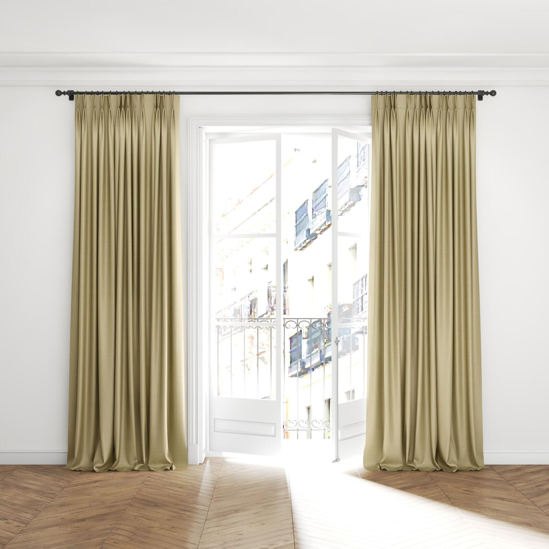 Full view of Silky Bamboo, puddled with pinch pleat, on curtain rod
